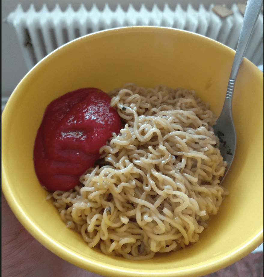 reduced instant shrimp noodles served with ketchup...better than i