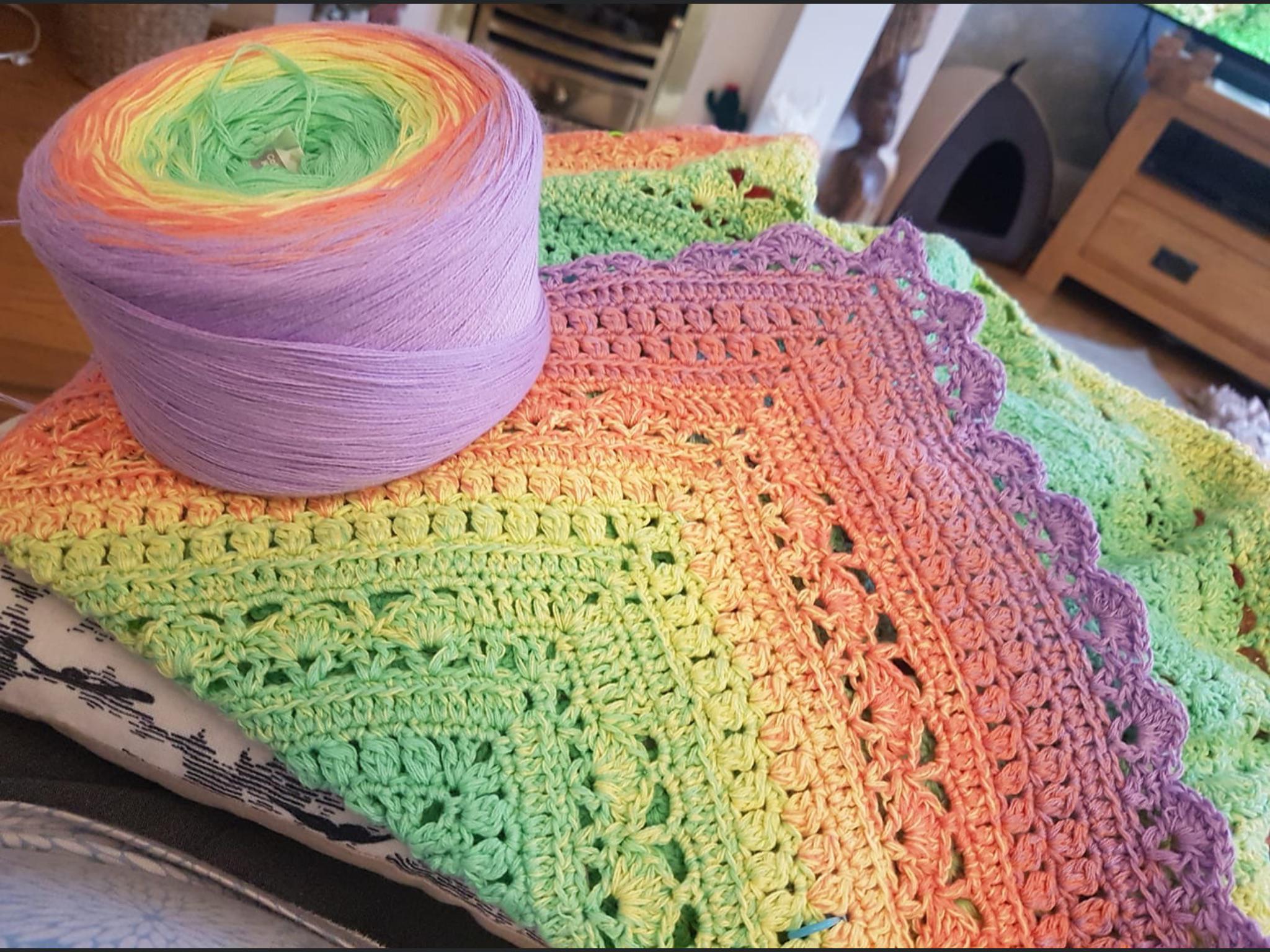 .Blanket done in Mandala yarn, pattern is Briar Rose from Hooked on