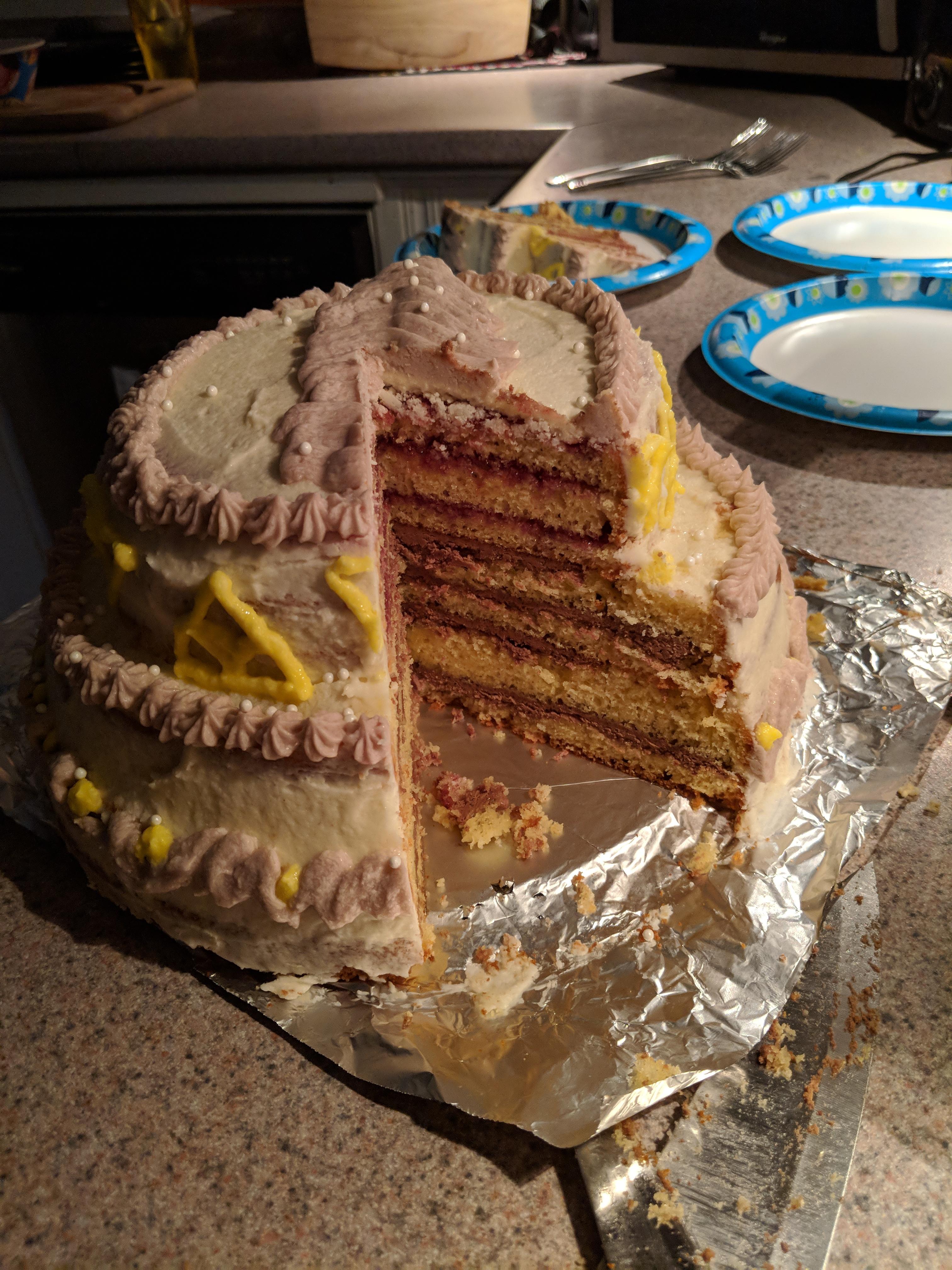 Store bought yellow cake mix, with [homemade] vanilla and chocolate