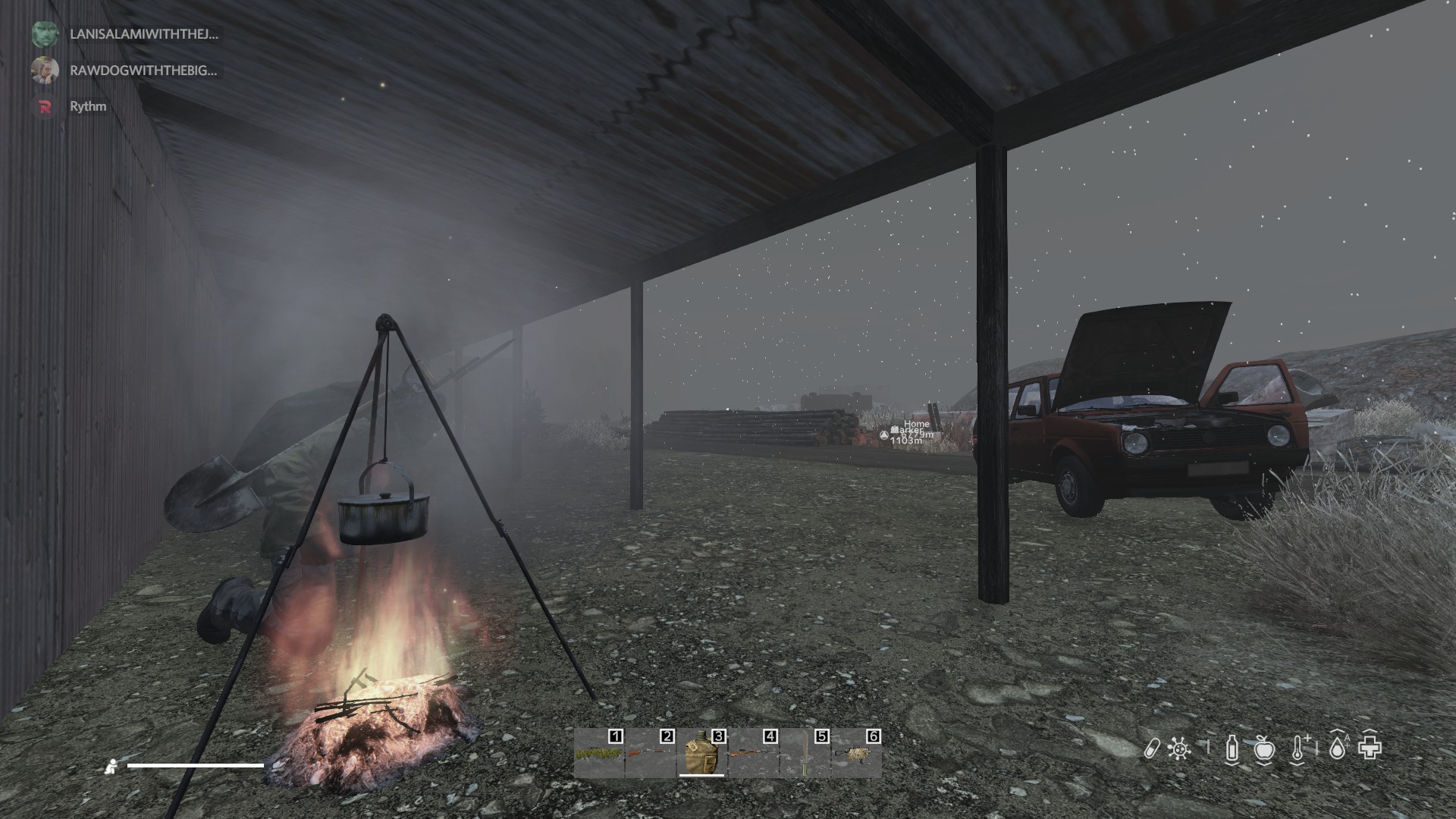 Taking shelter during a snowstorm. Somewhere far away, a car battery