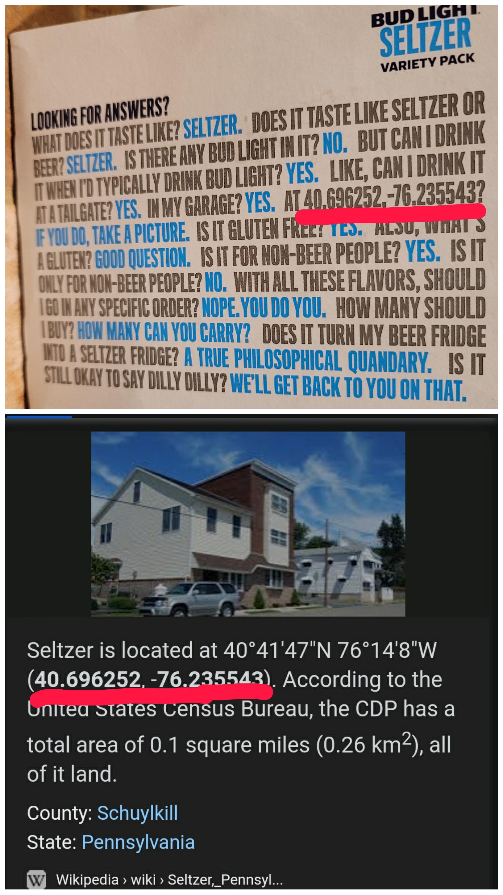 Enjoy Bud Light Seltzer in Seltzer, Pennsylvania r/IRLEasterEggs