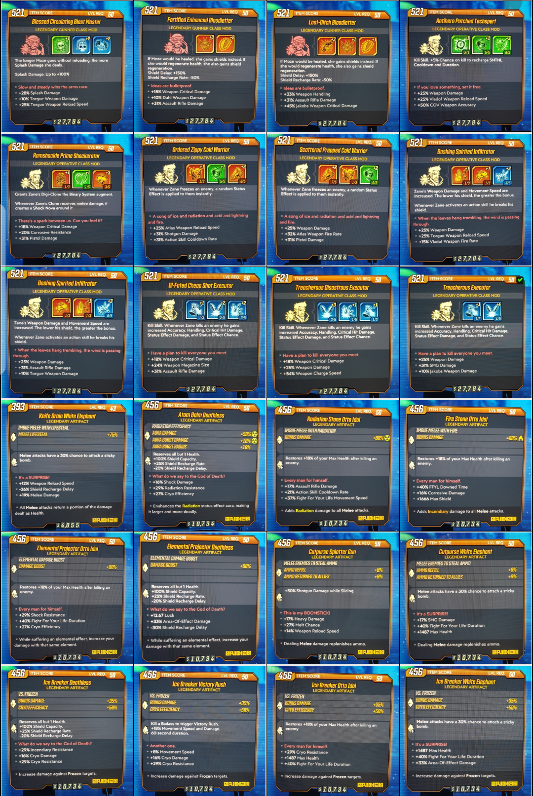 H Moze/Zane mods and artifacts. W Extra projectile while terrified