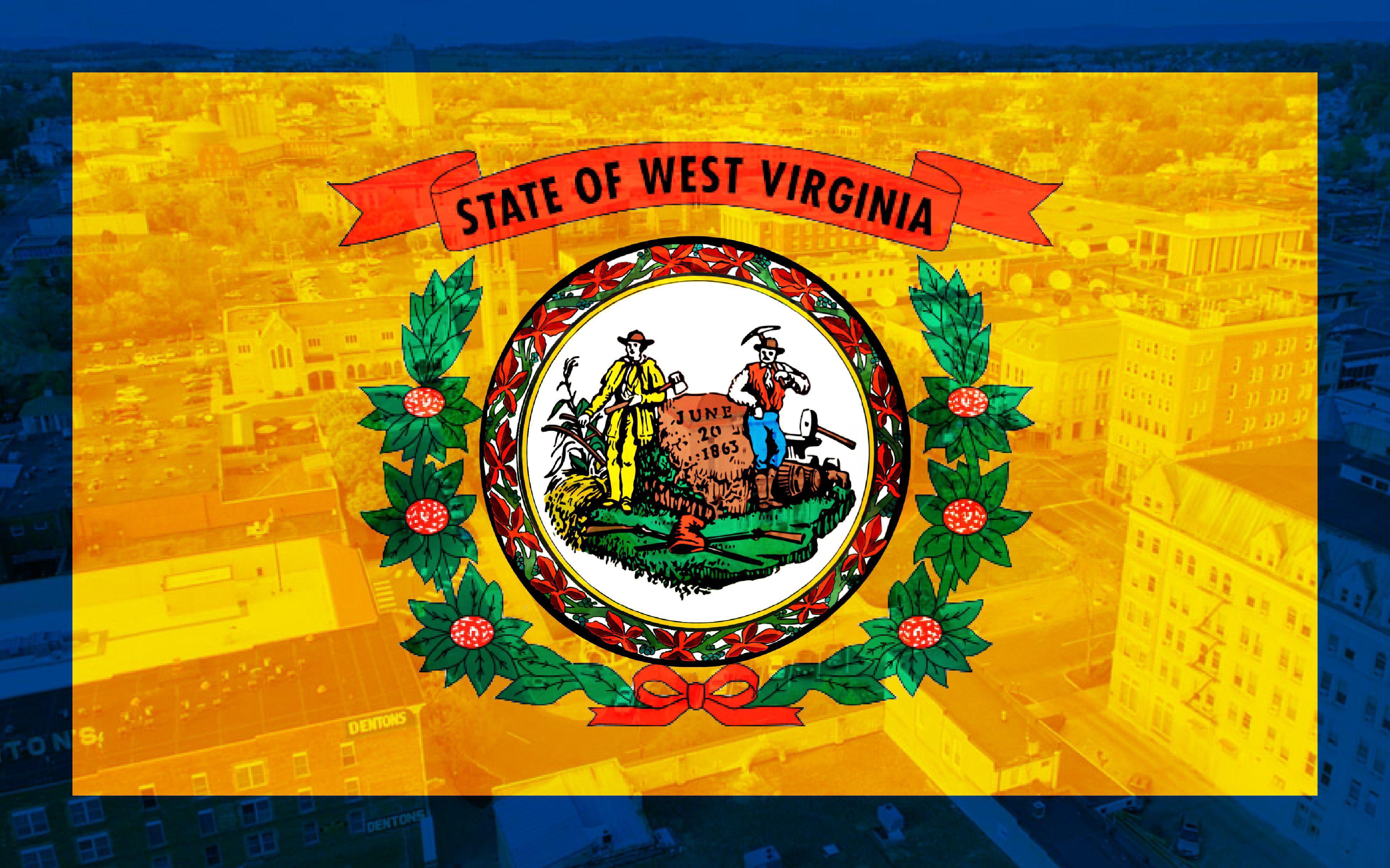 The State flag of West Virginia but with the West Virginia state crest