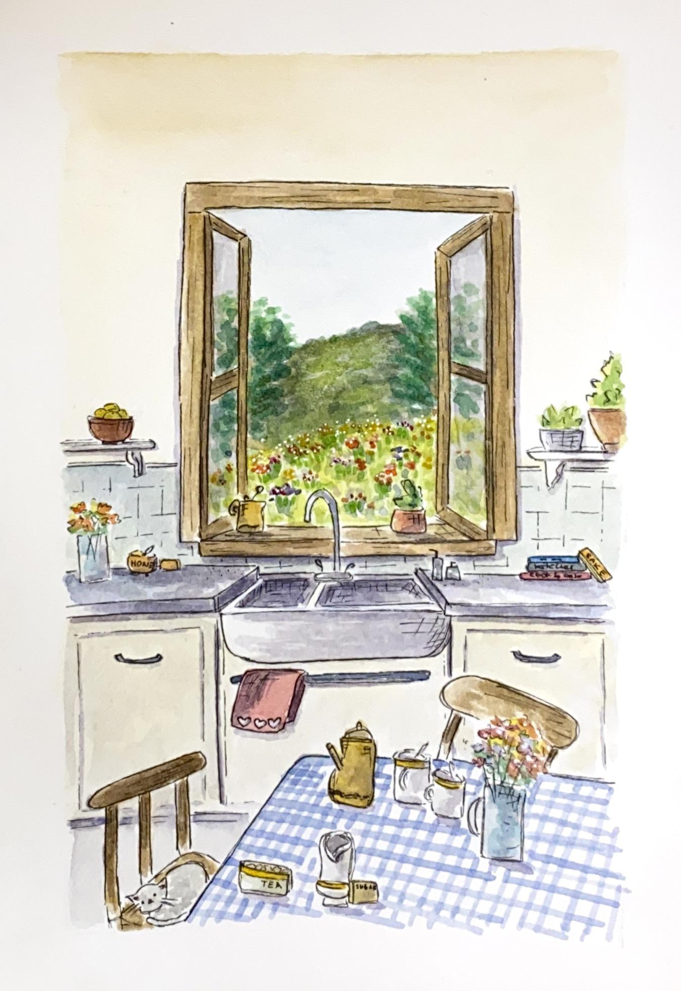 A little watercolor I made of a cottage kitchen cottagecore