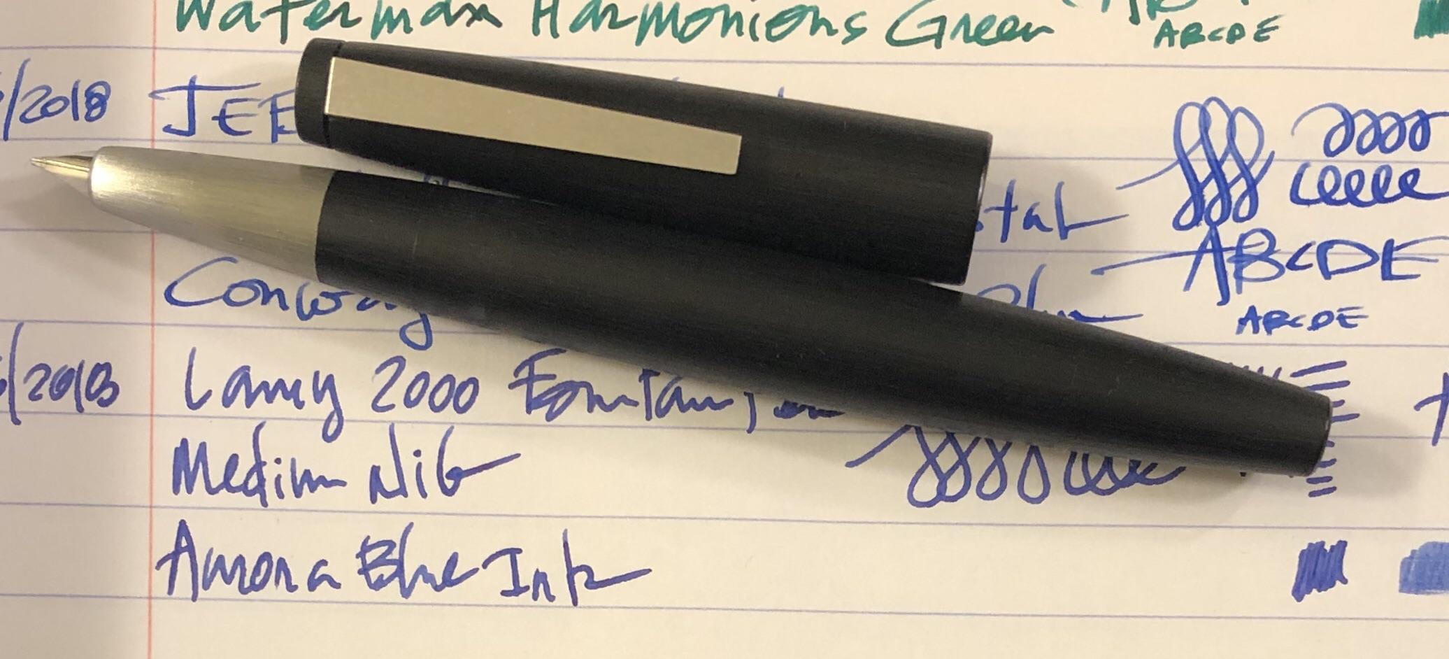 Lamy 2000 fountain pen, medium 14k gold nib, Aurora blue ink, Germany