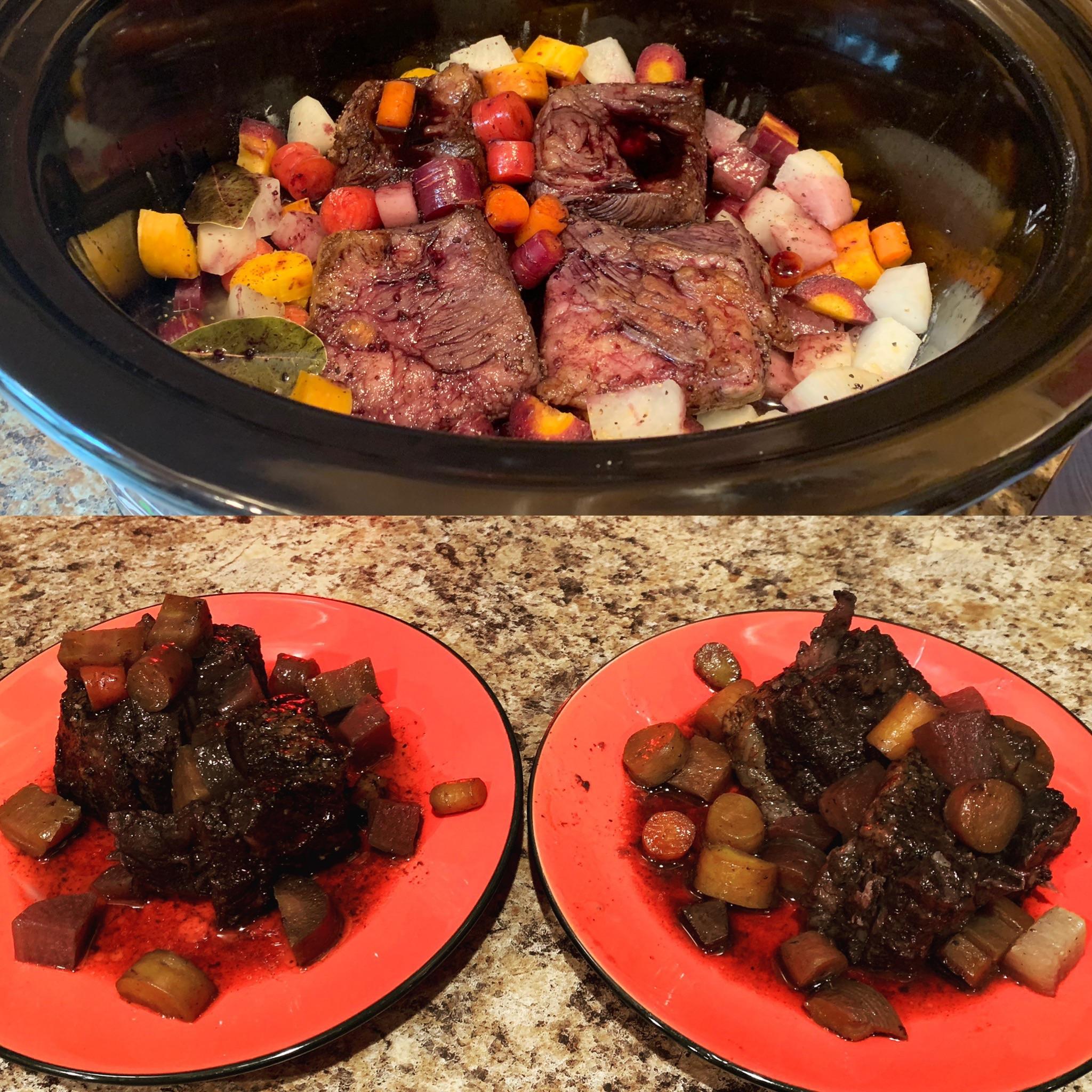 Slow cooker Beef Short ribs in red wine. Personal favorite in my wife’s