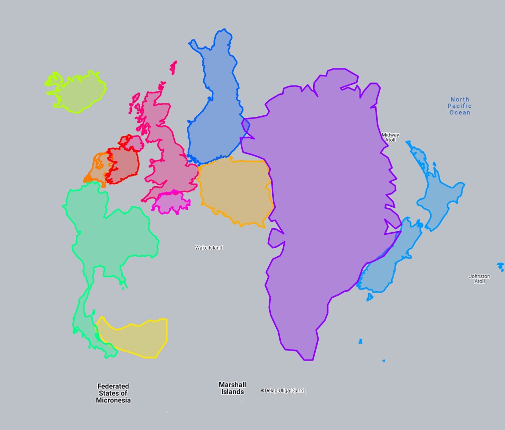 Alternate world map where only countries ending with land (in English