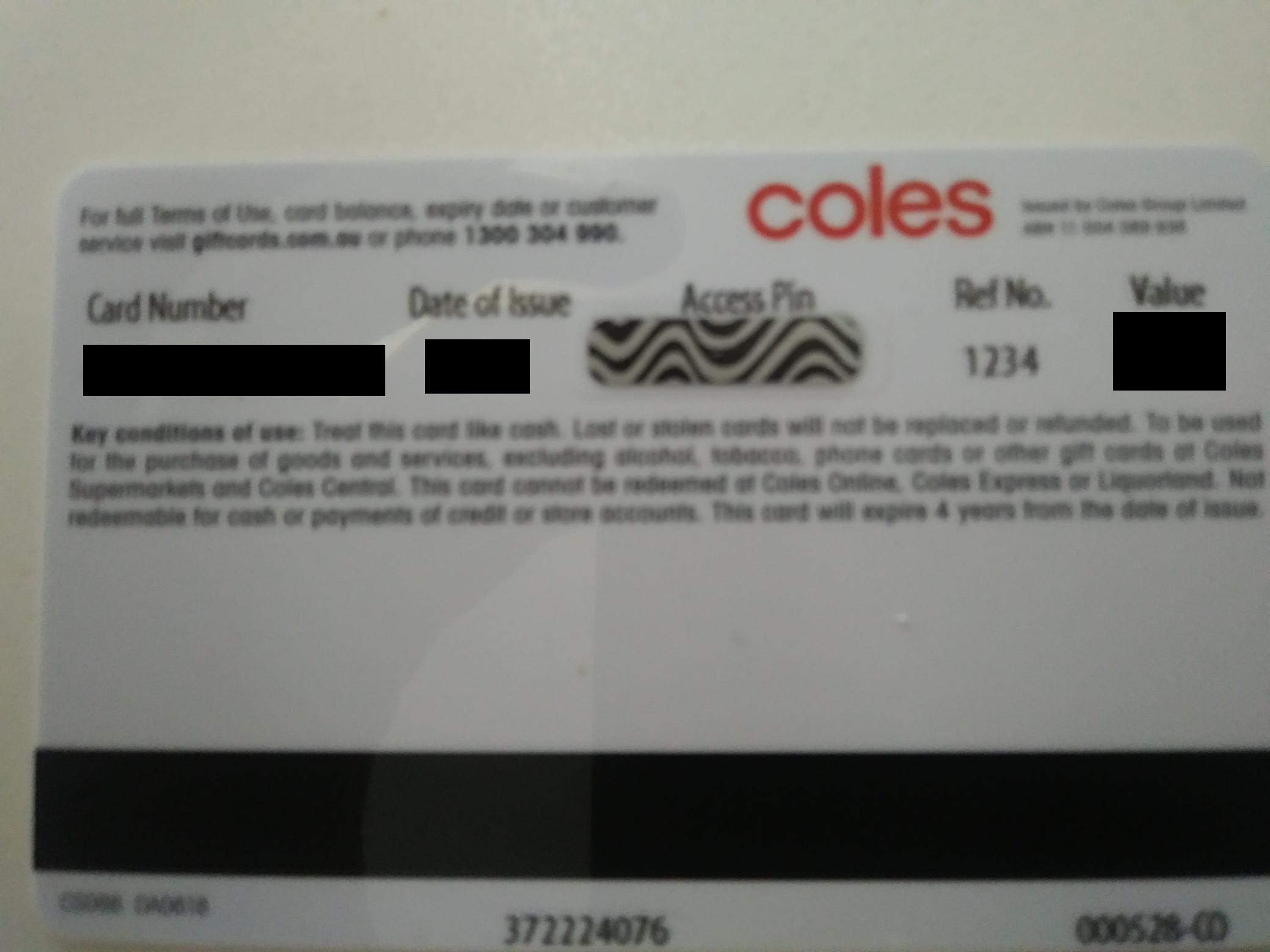 The reference number on this Coles gift card (sorry for blurry picture