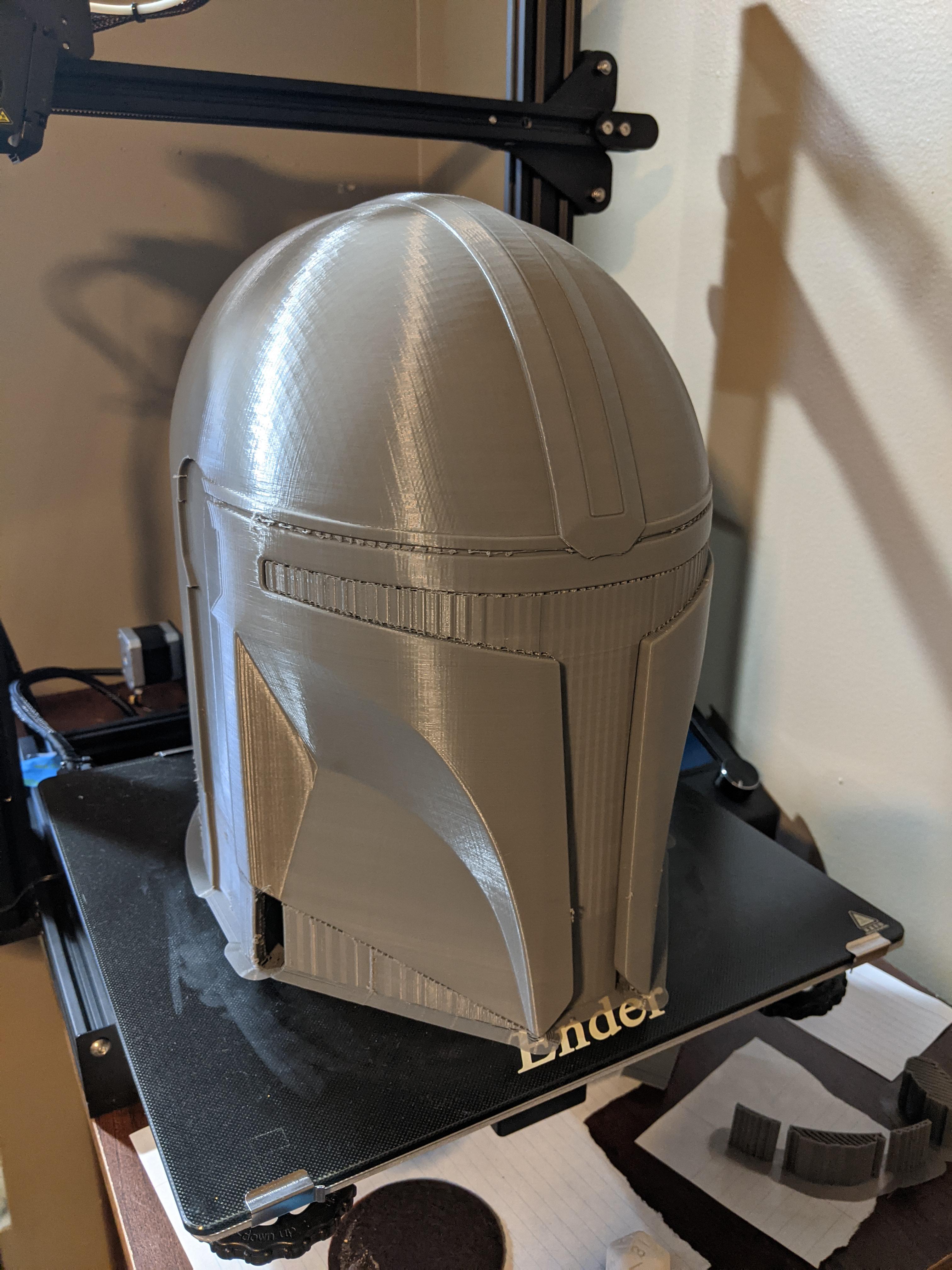 Completed Mandalorian Helmet. 75ms print speed, 80deg overhang support
