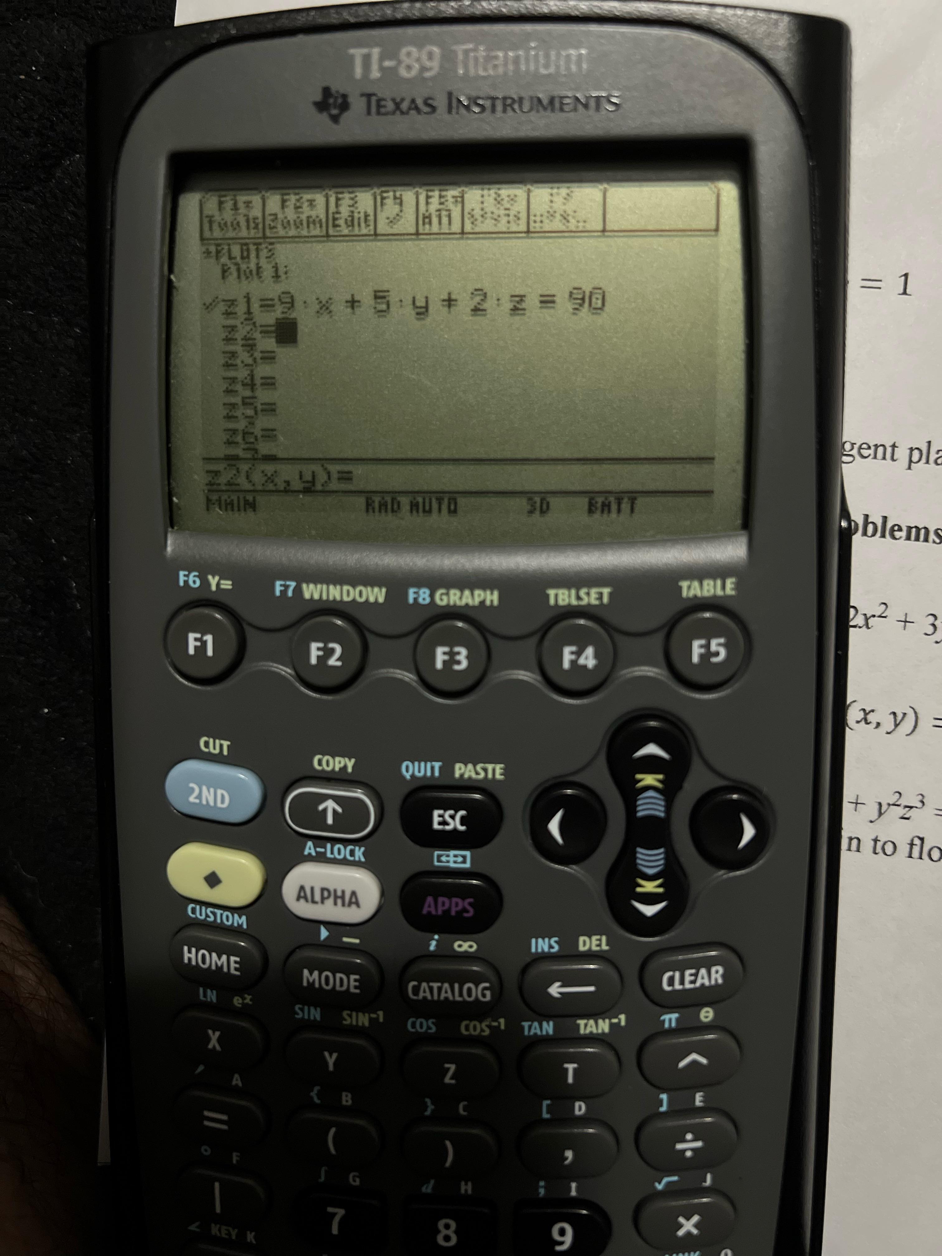 How to graph? How can I graph this function on my Ti 89 ex 9x + 5y +2z = 90? r/TI_Calculators