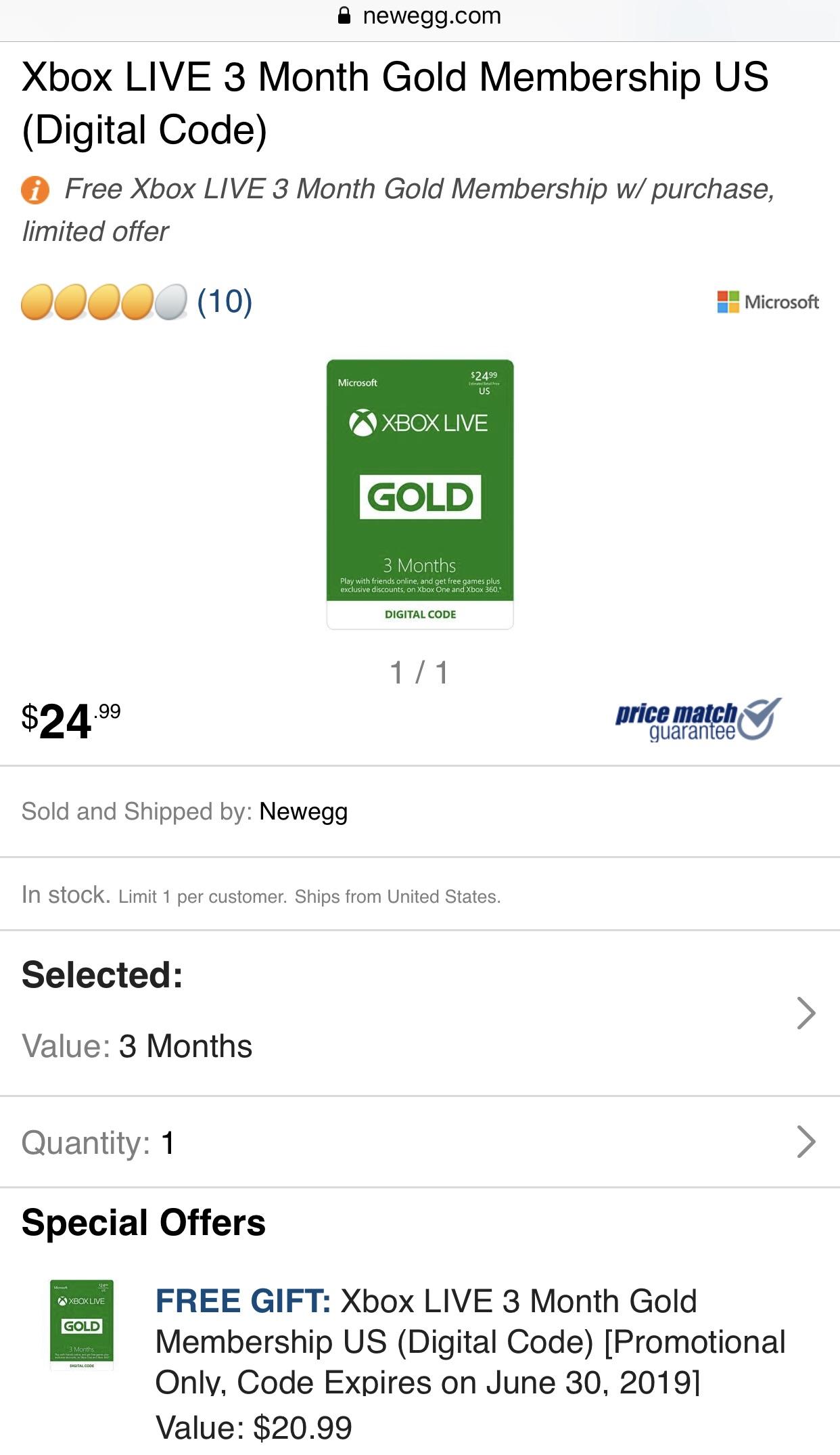 PSA 6 Months of Xbox Live Gold for 25 on Newegg Buy 1 Get 1 Free on 3 Month Subs r/xboxone