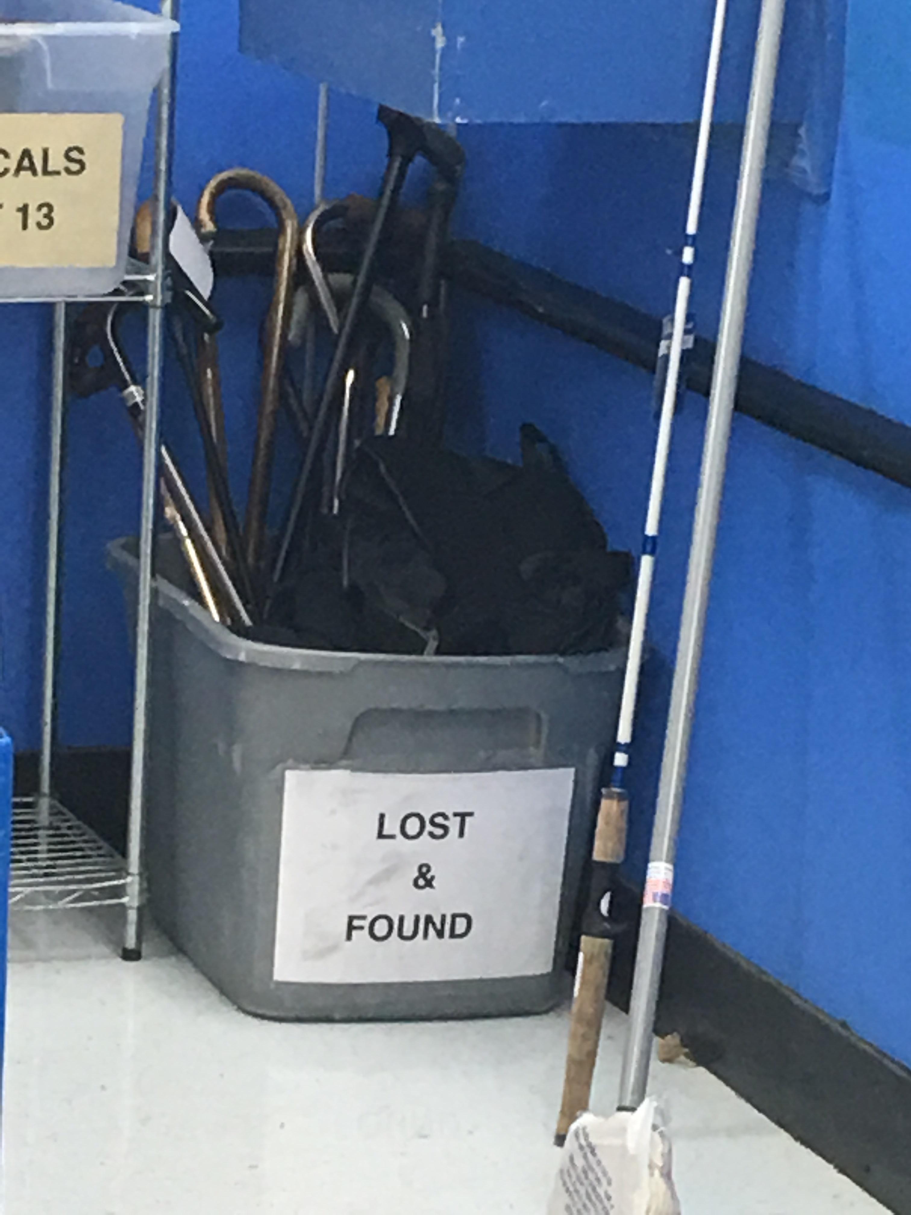 the lost and found bin at my Walmart is mostly canes r/mildlyinteresting