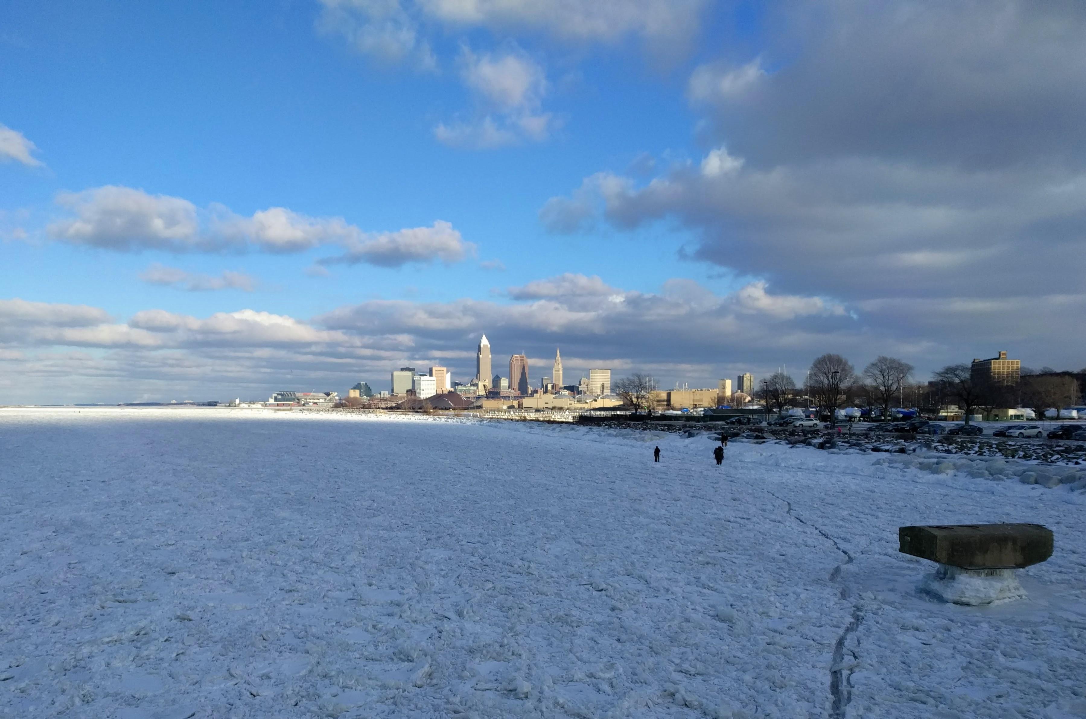 View of downtown over a frozen Lake Erie Cleveland