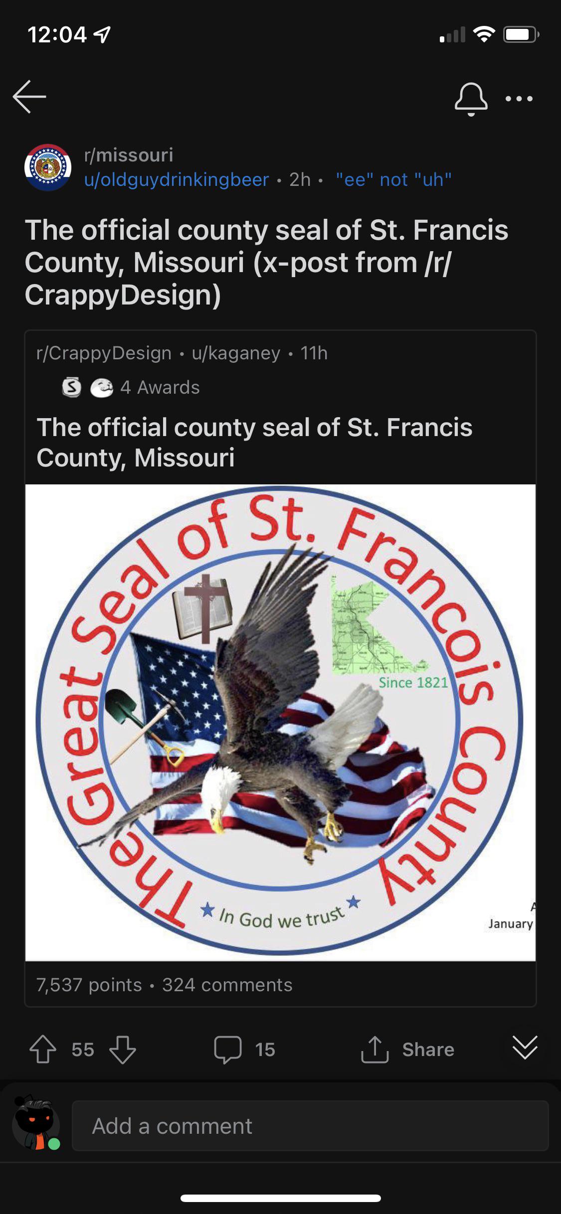 Cross and bible on the seal of St. Francois County, MO. Separation of