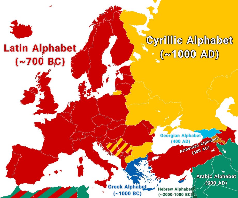 Writing systems of Europe + Surrounding areas and their approximate