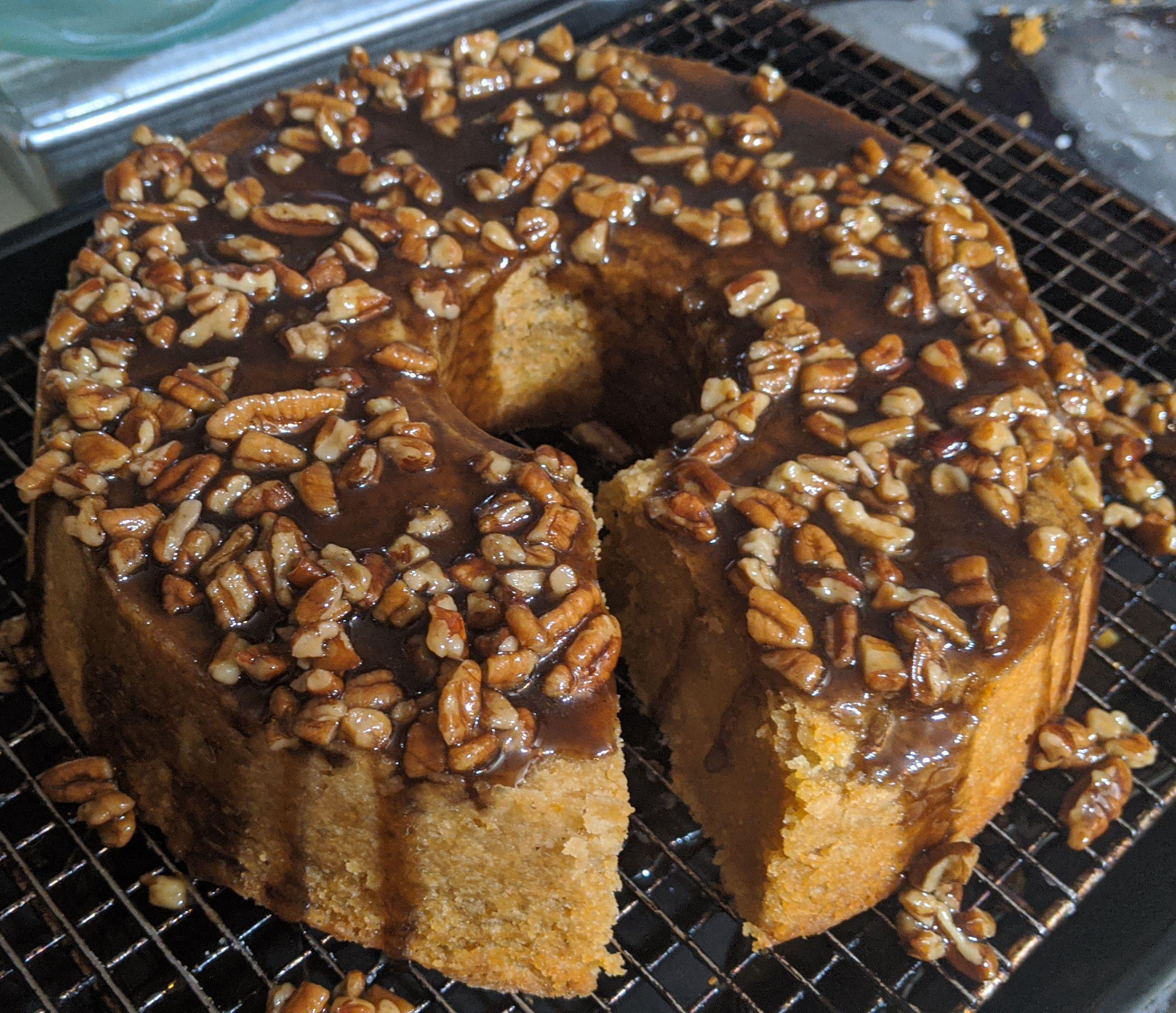 [Homemade] Moist Sweet Potato Pound Cake, with Caramel Pecan Sauce! r