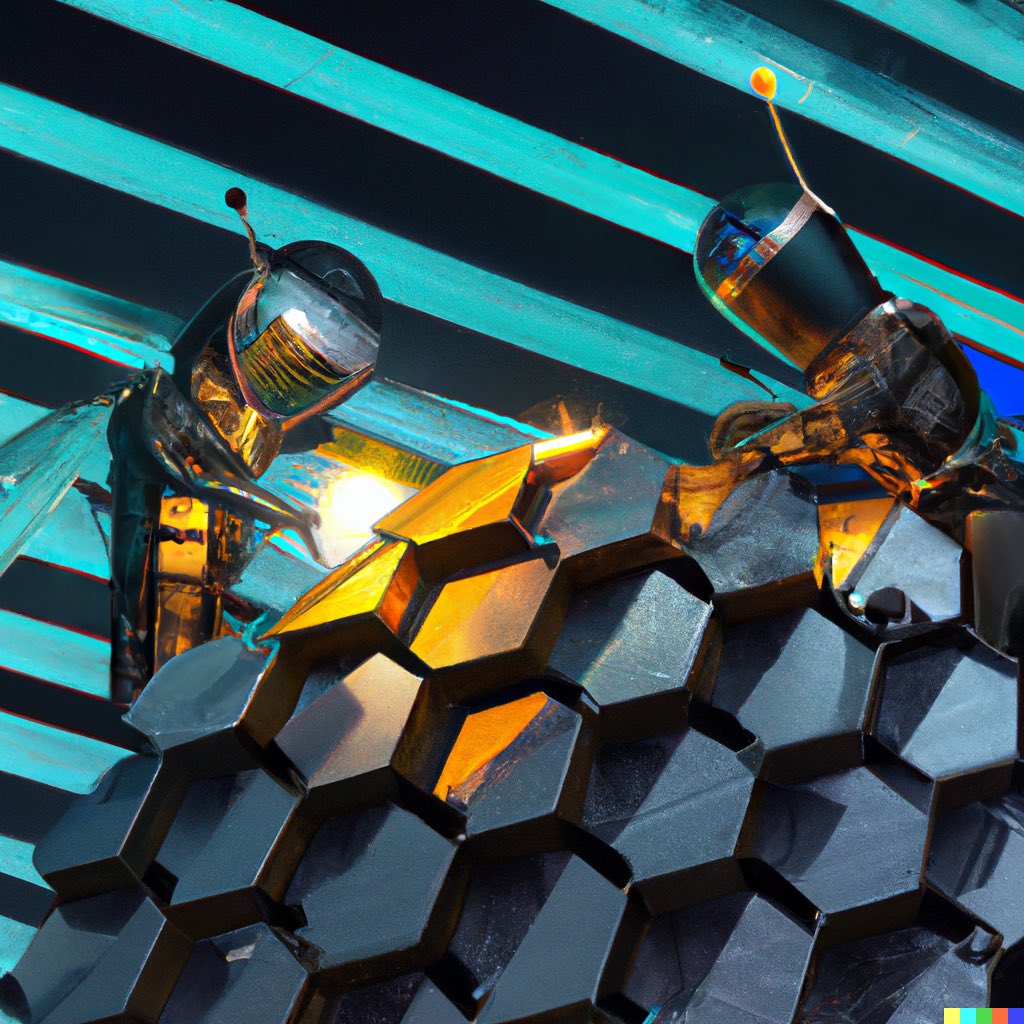 Honeybees wearing welding helmets while welding a futuristic giant