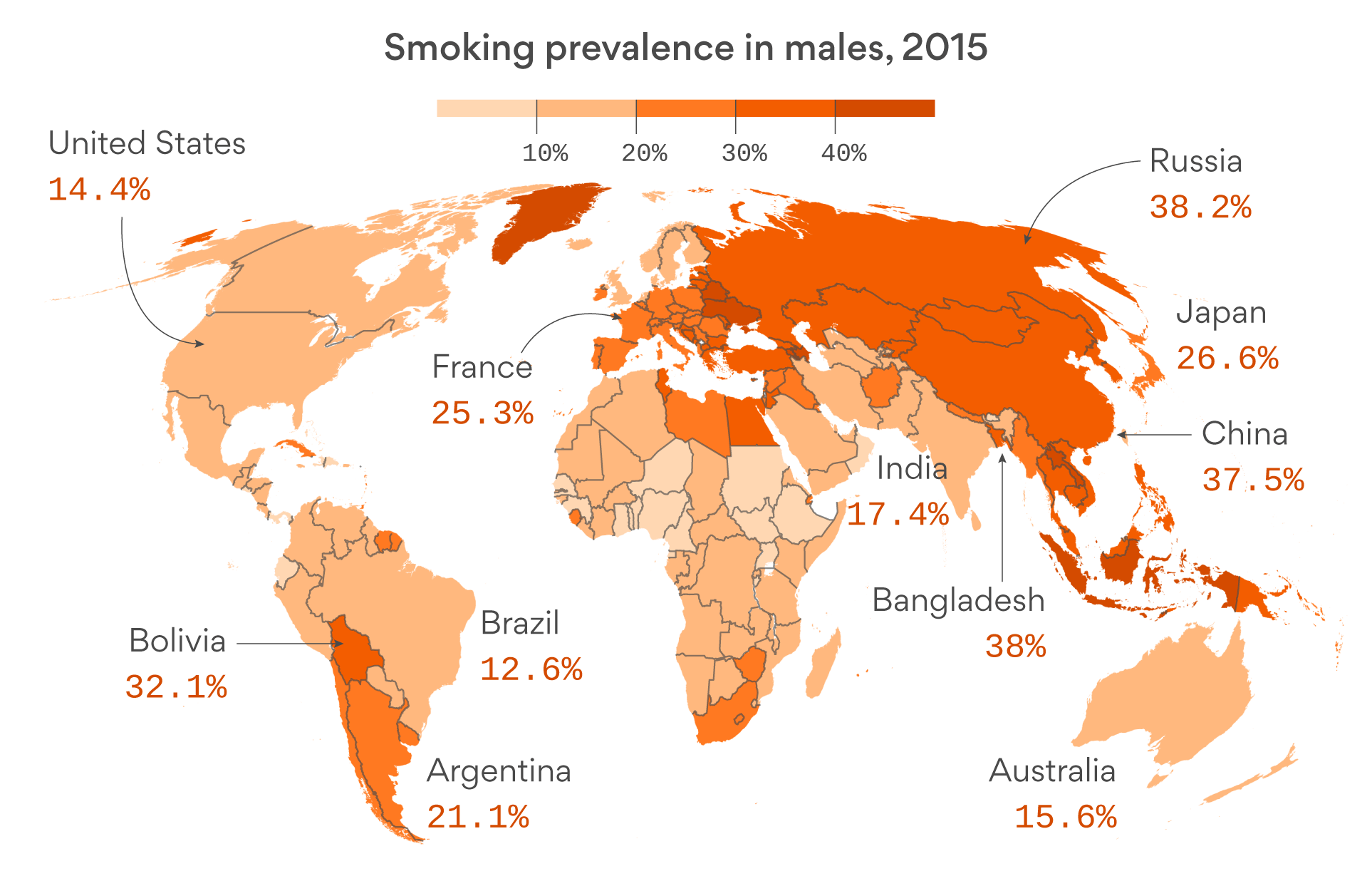 Prevalence of smoking in men worldwide, 2015 [OC] r/dataisbeautiful