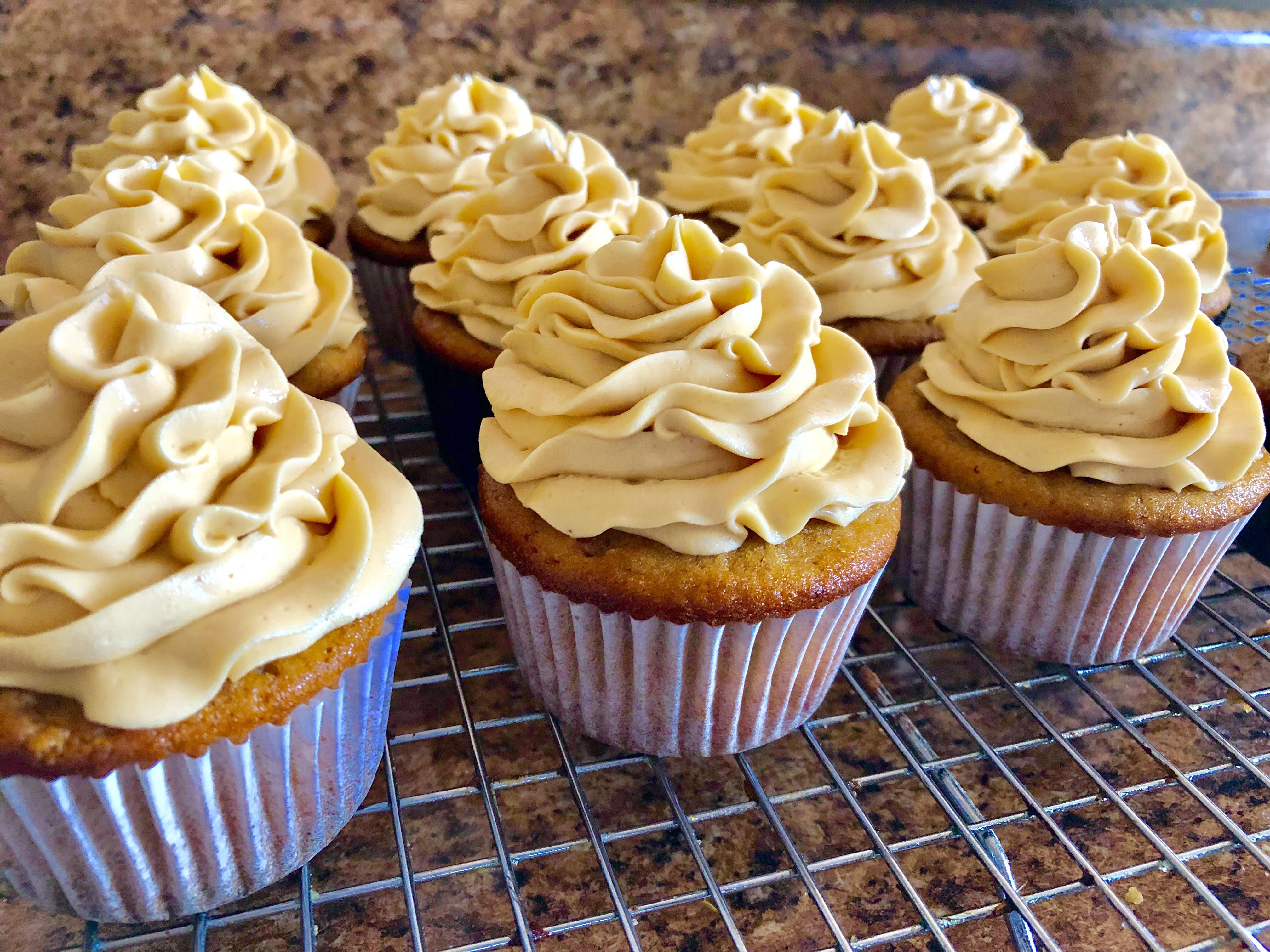 Banana Cupcakes with Peanut Butter Filling and Molasses Buttercream r