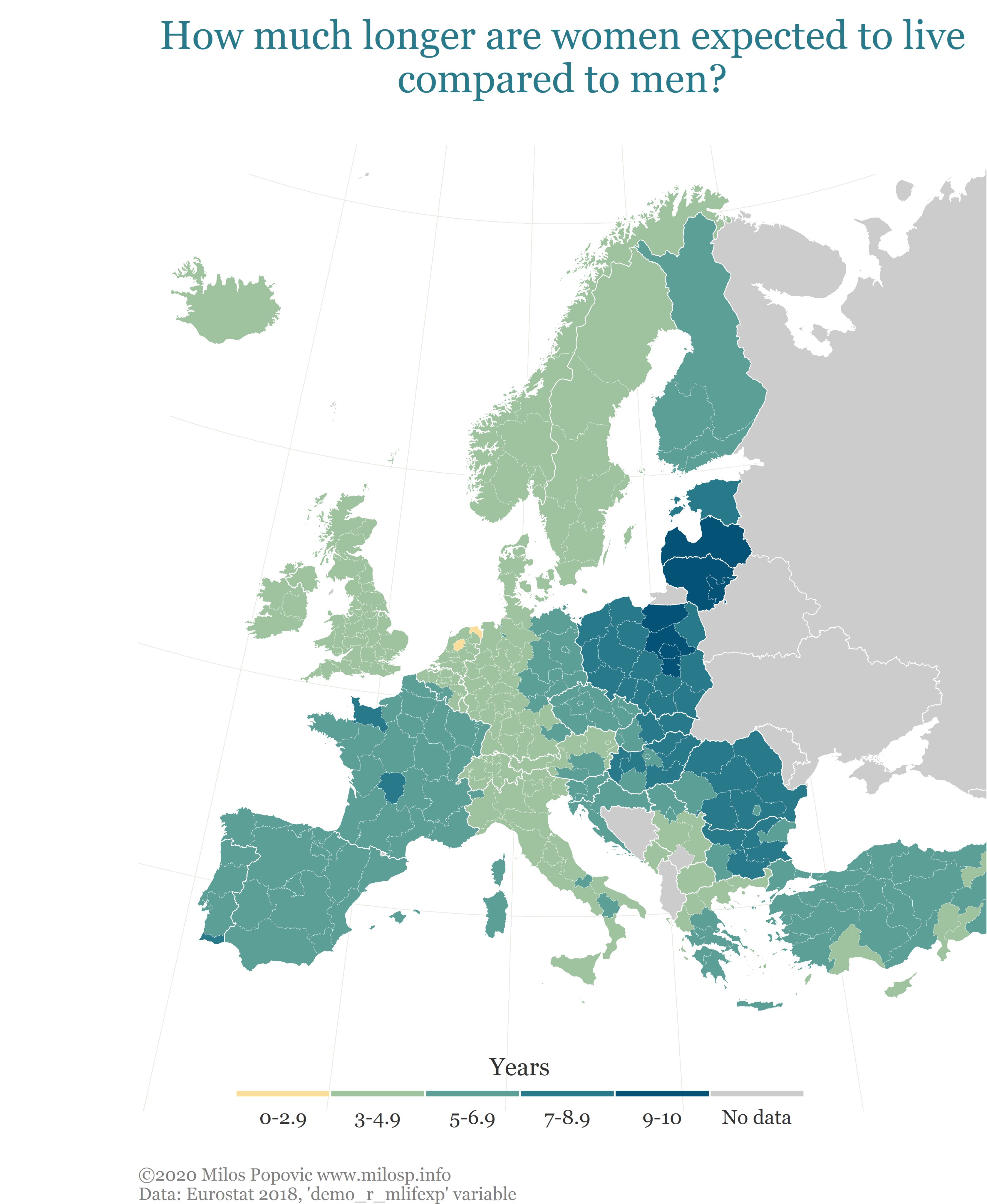 Blondeness In Europe Map How much longer are women expected to live compared to men in Europe