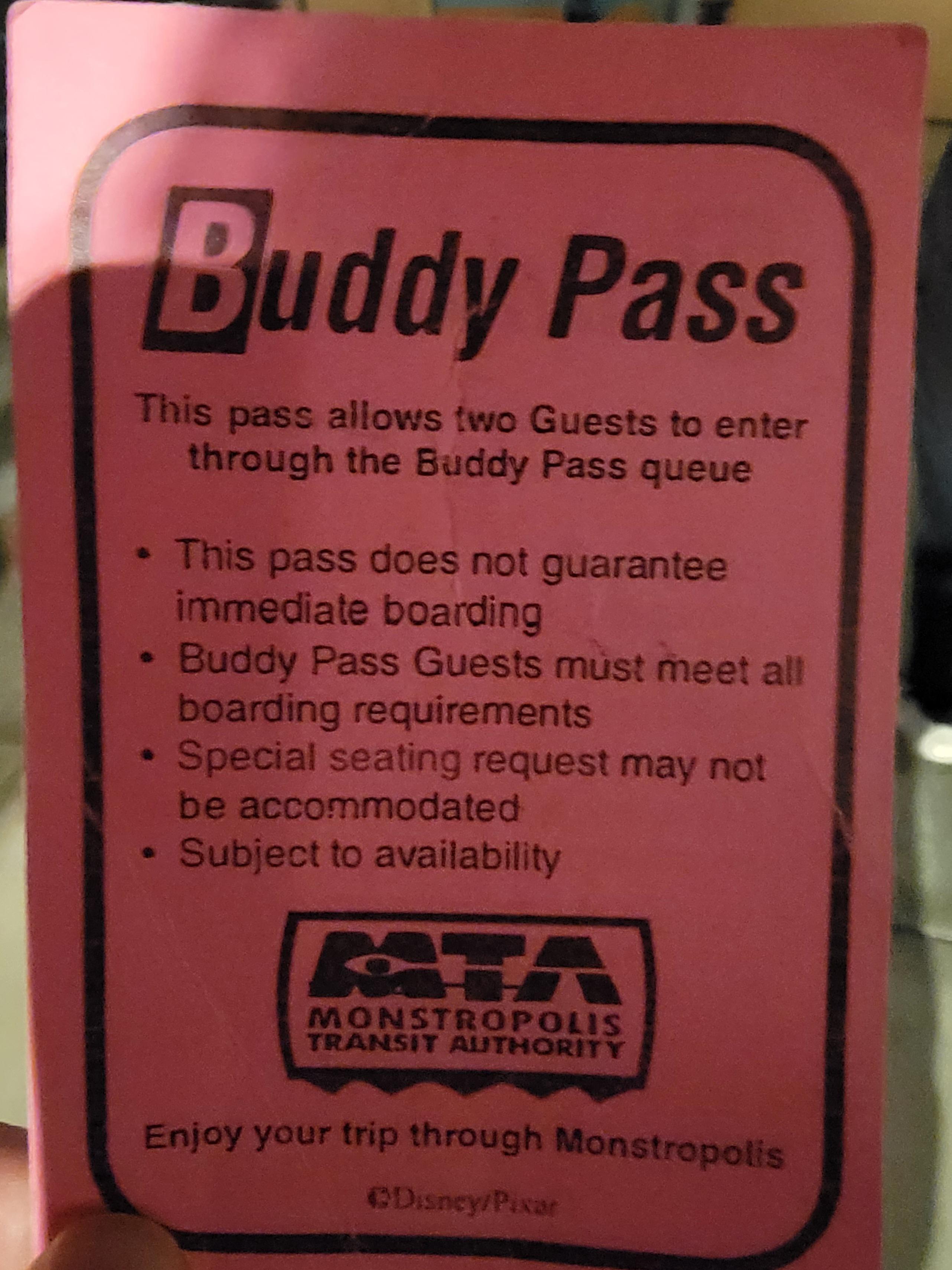 Thank you to the cast member that gave us a buddy pass on Monsters, Inc