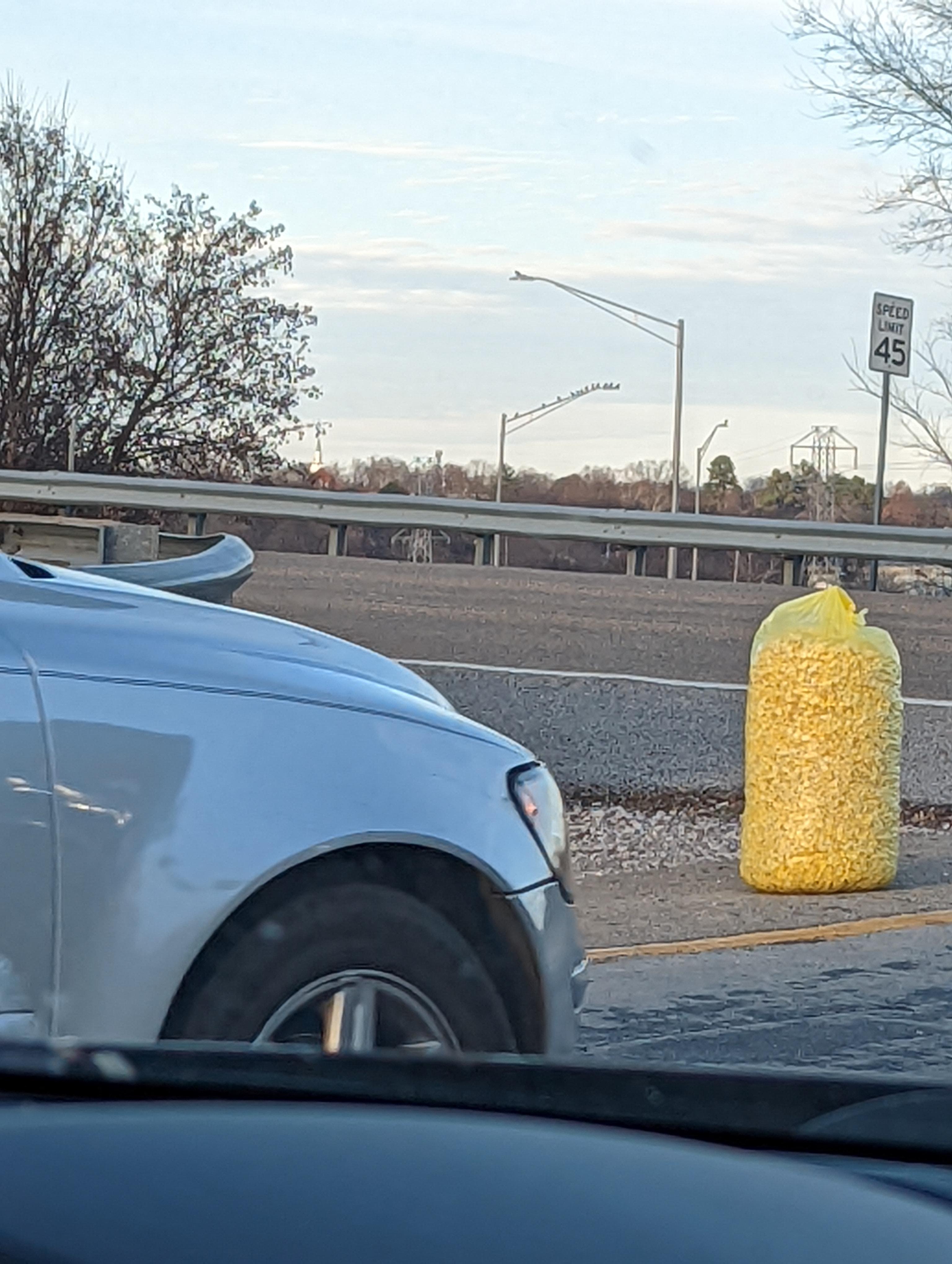 Someone left a trash bag of popcorn for the panhandlers at the Hall of