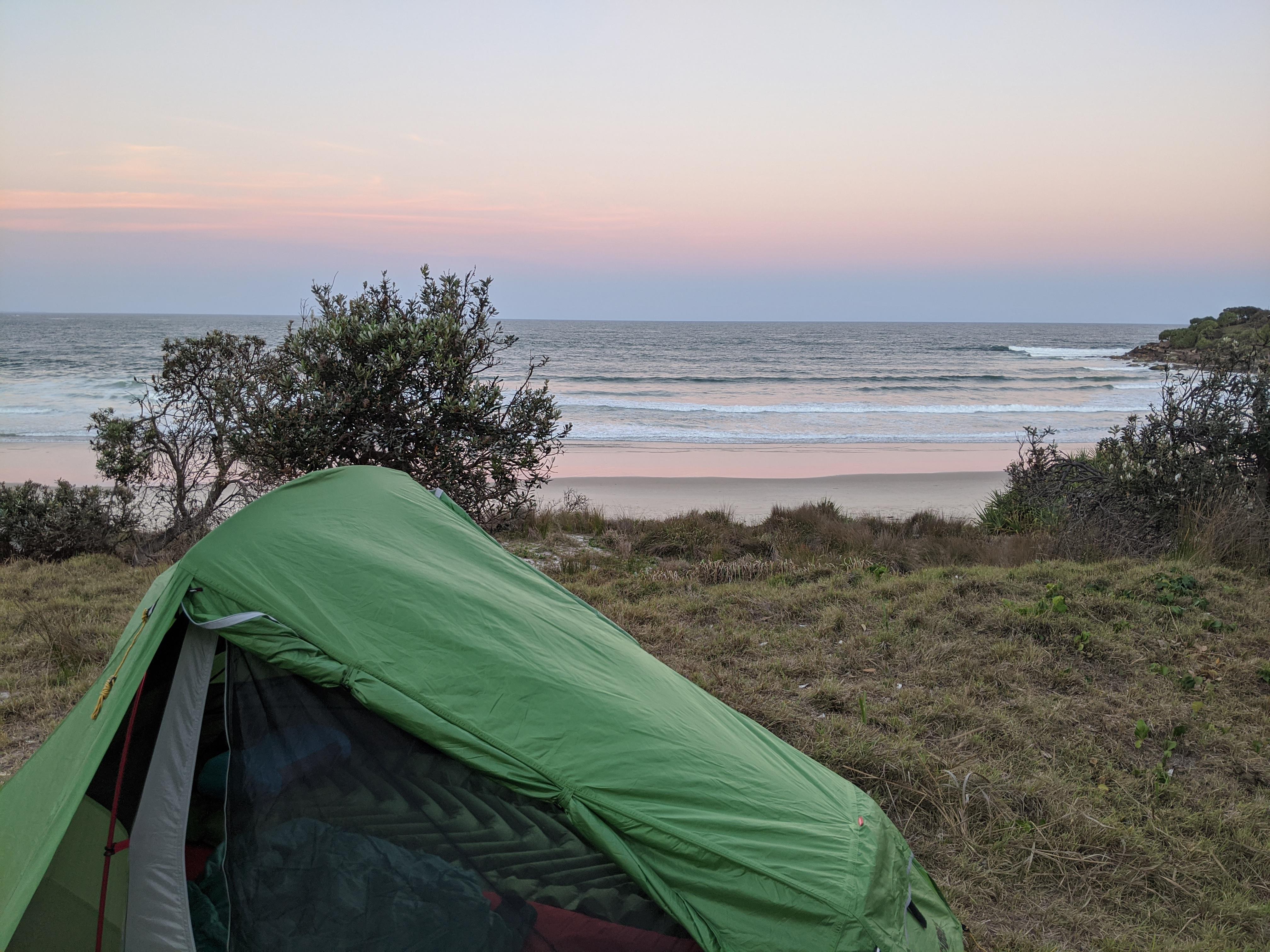 Our campsite on a headland on Australian eastern coastline. Beach only