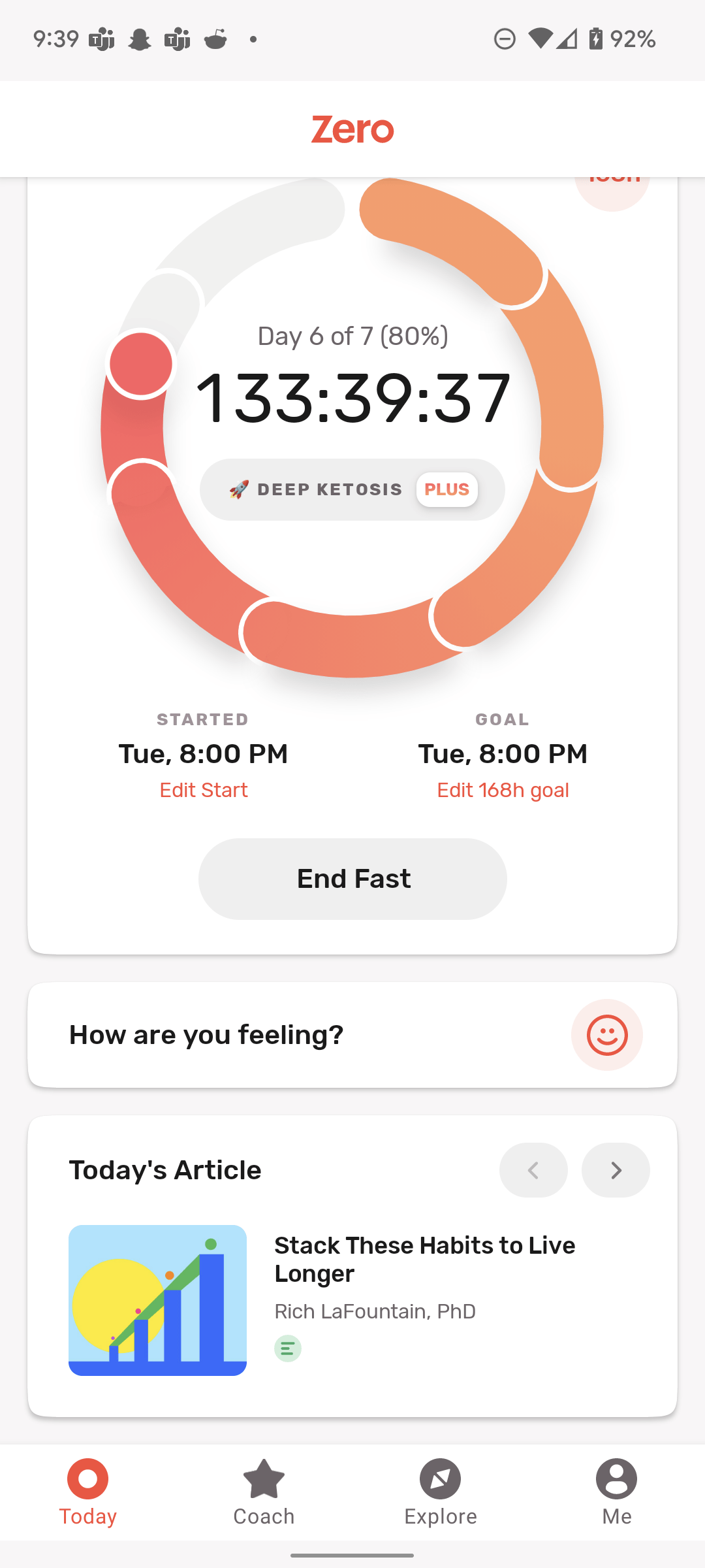 Daily checkin. Openended goal is at least 256 hours. r/fasting