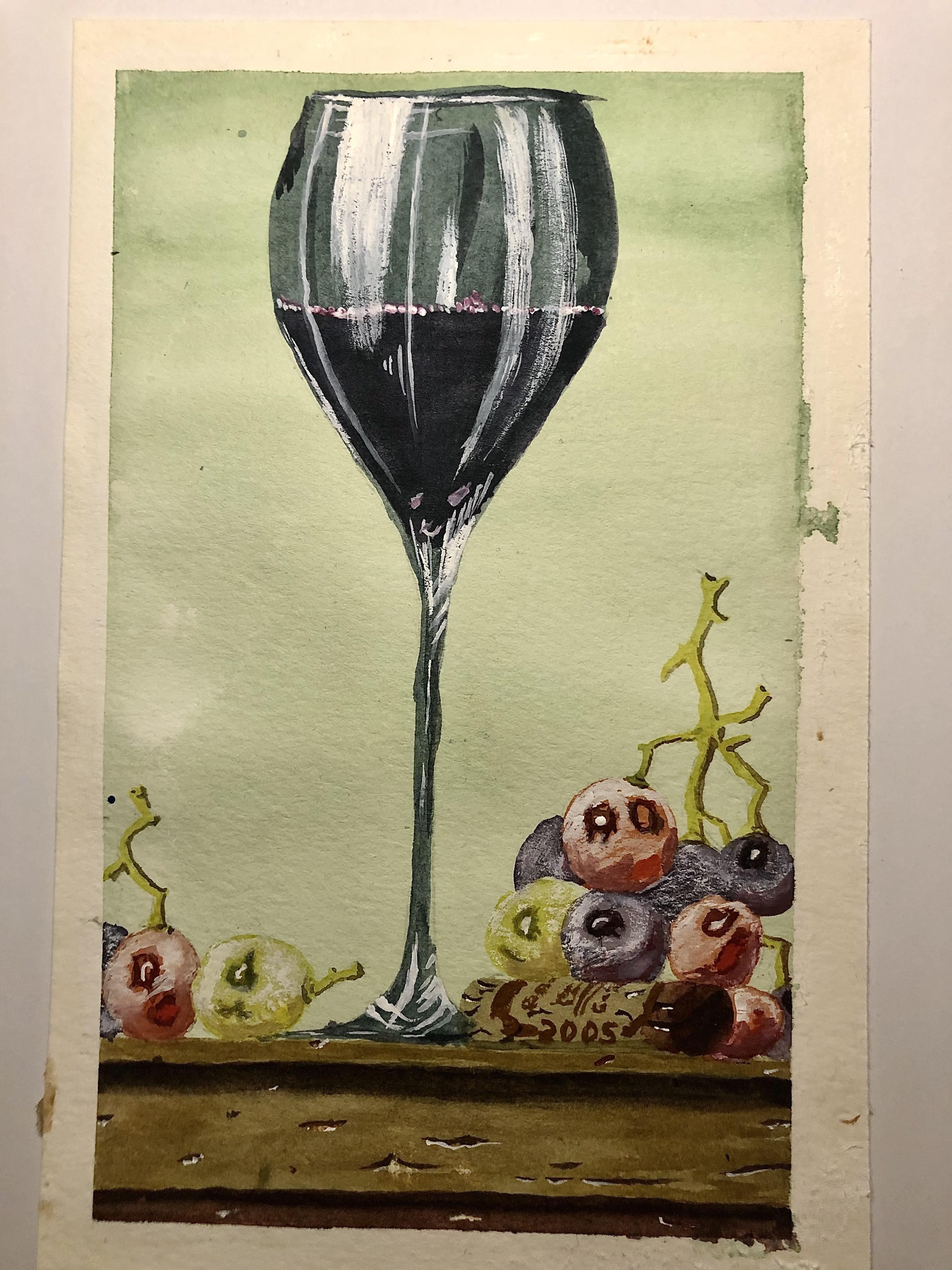 Wine glass grapes and cork r/Watercolor