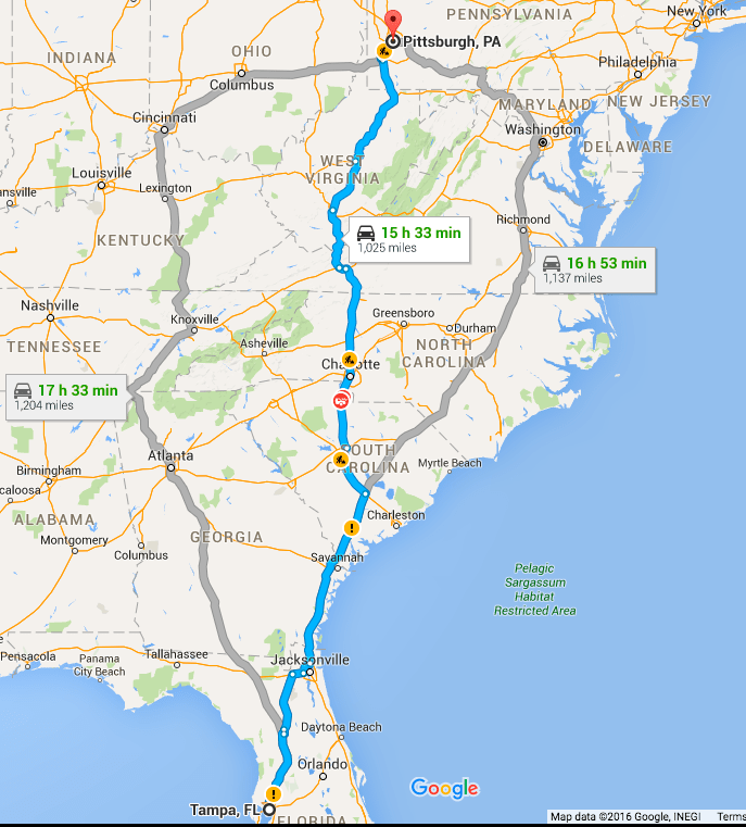 Taking a road trip from Tampa to Pittsburgh, most likely doing 2 of