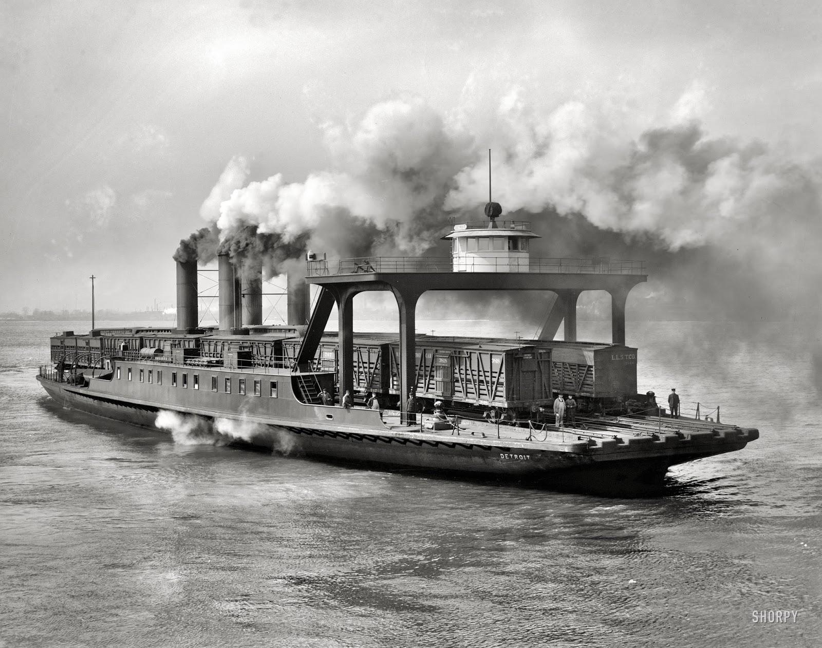 Train ferry departing Detroit to Windsor in Canada. Michigan, 1905. r