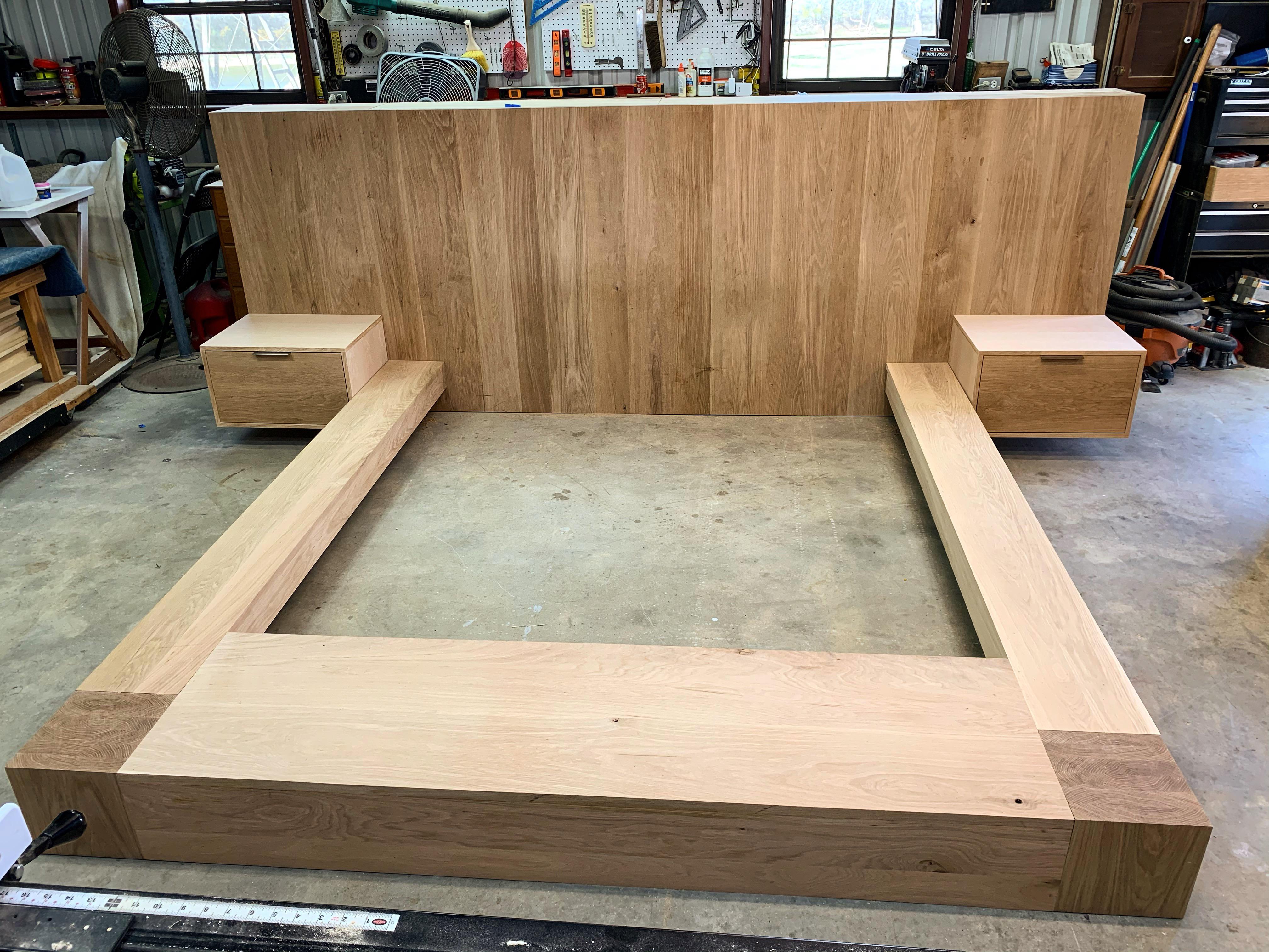 HEAVY White Oak king bed with floating nightstands and storage behind