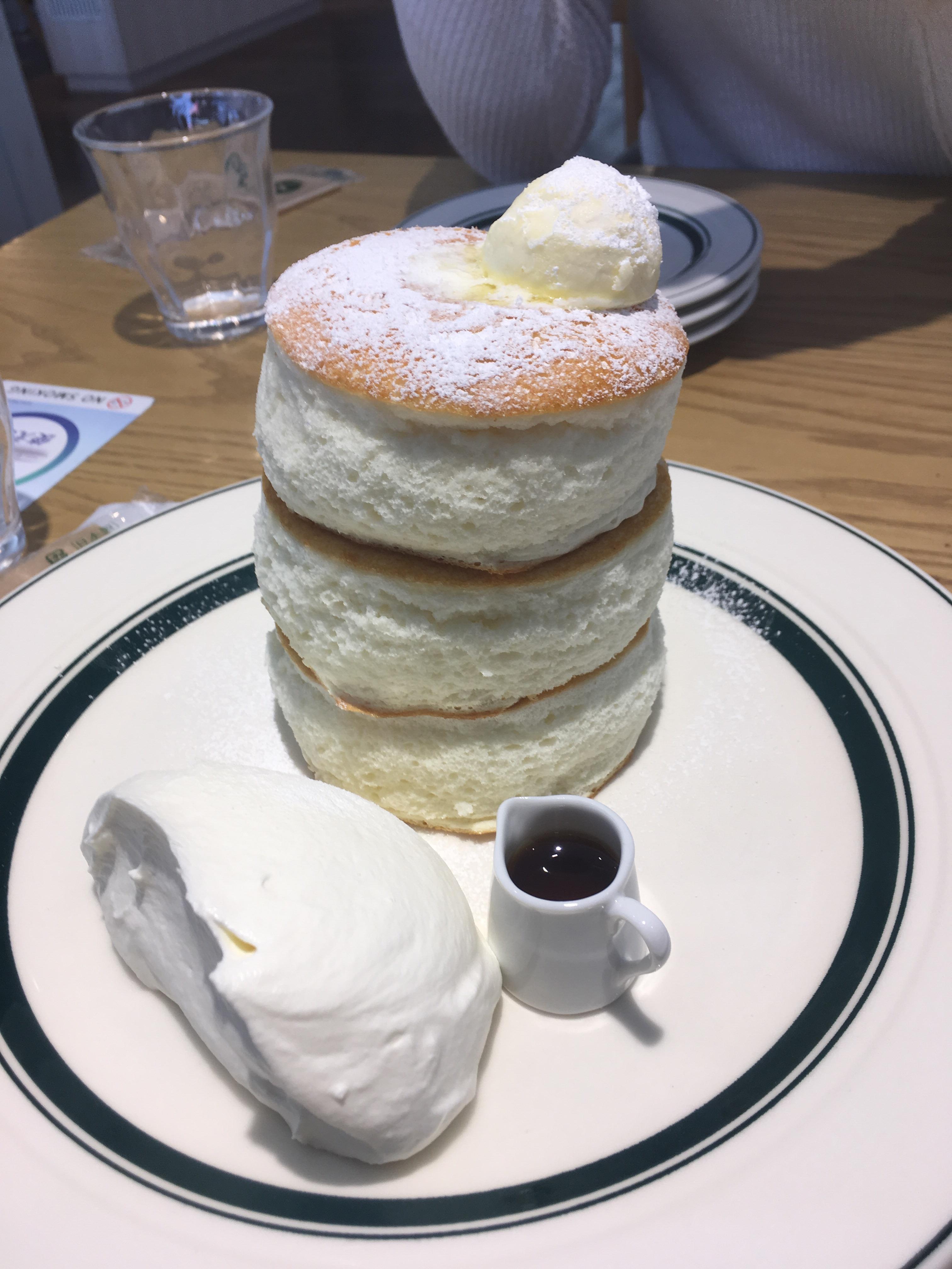 [OC] Japanese Fluffy Pancakes with maple syrup and whipped cream