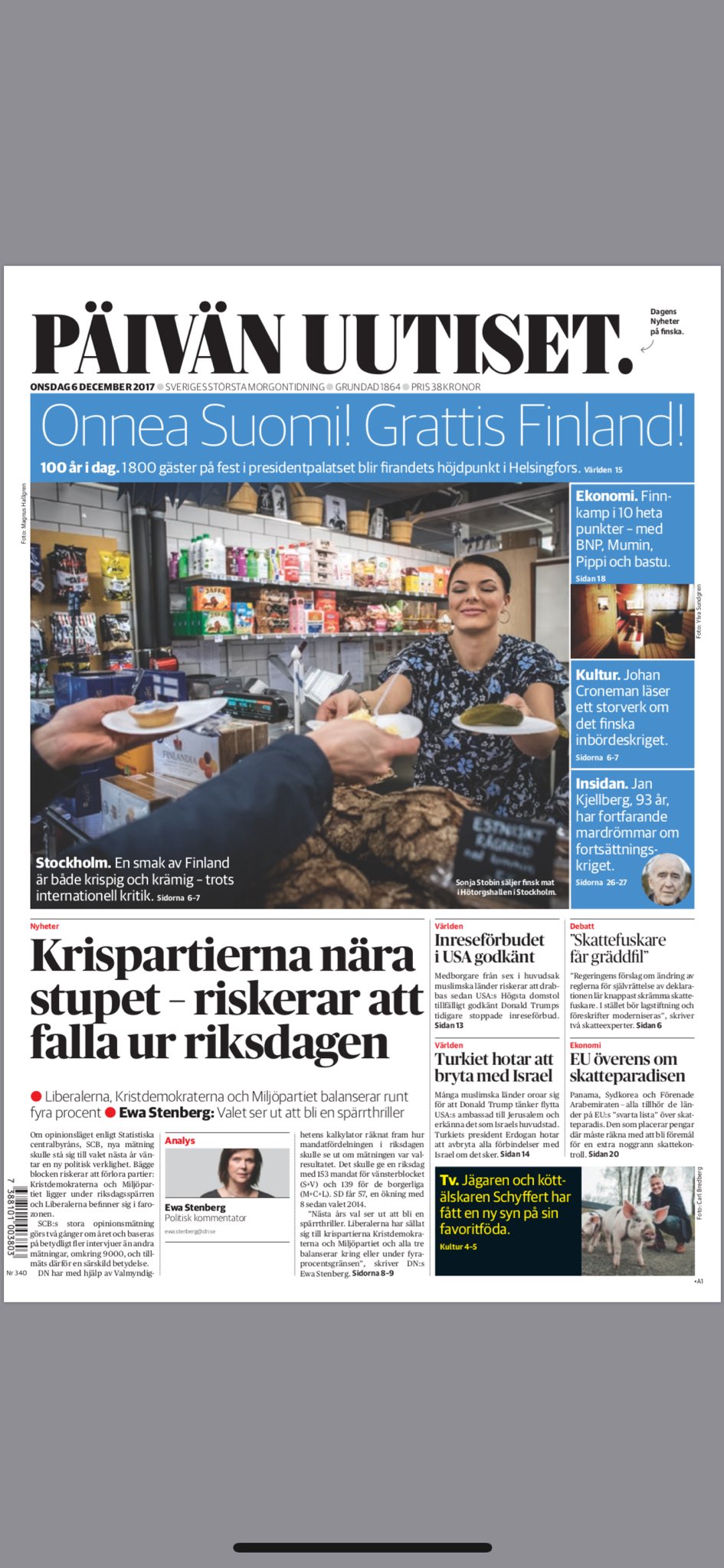 The front page of the Swedish newspaper Dagens Nyheter on Wednesday r