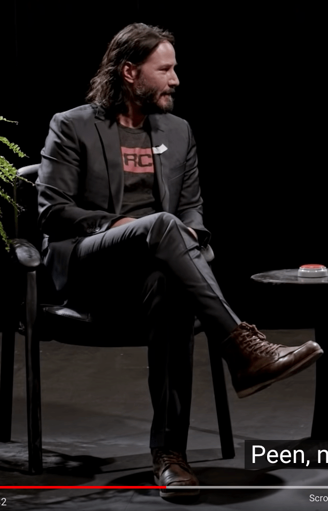 What kind of boots are Keanu Reeves wearing in Between two Ferns? r
