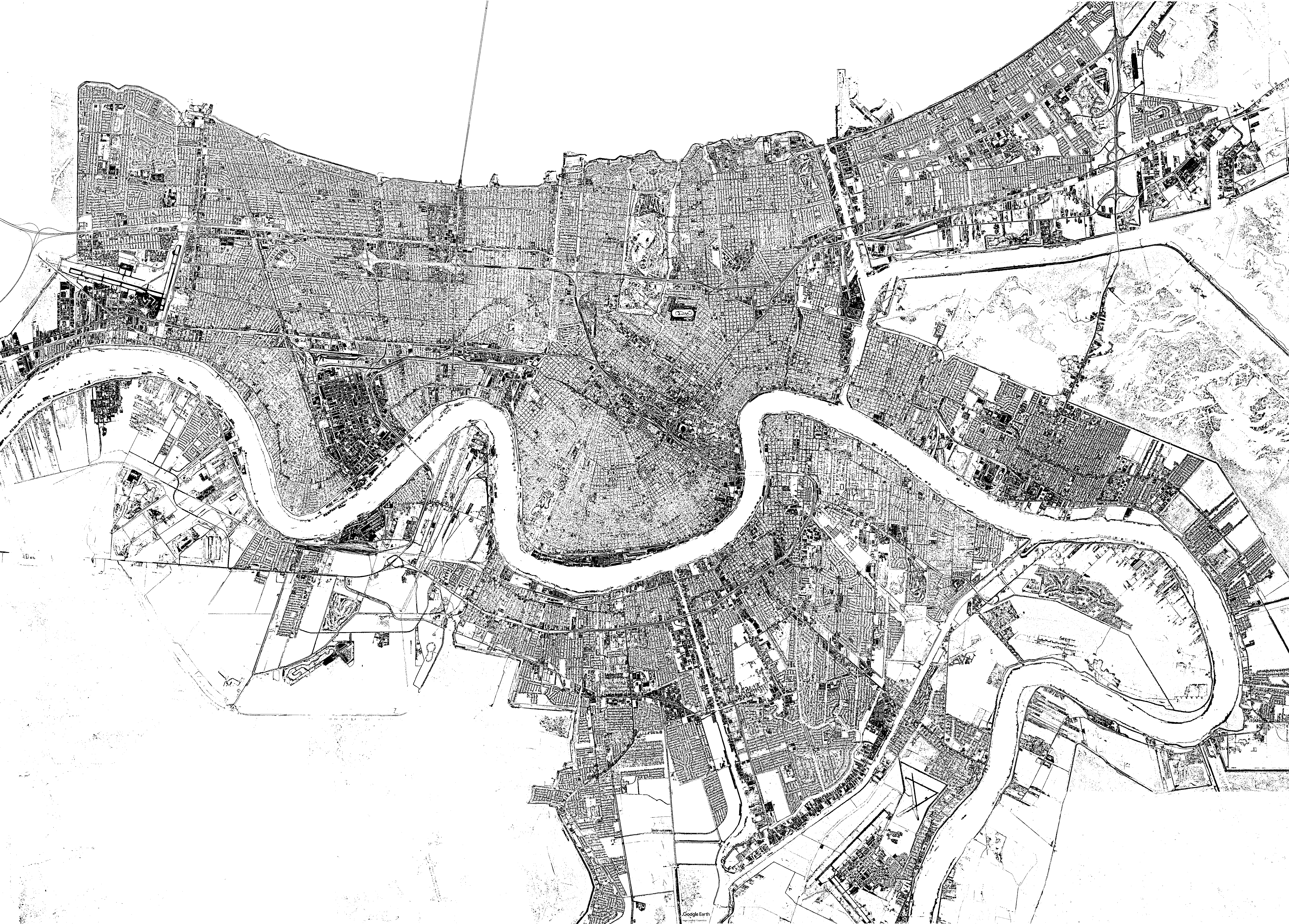 New Orleans B&W 7204x5164 (Created with Google Earth) r/MapPorn
