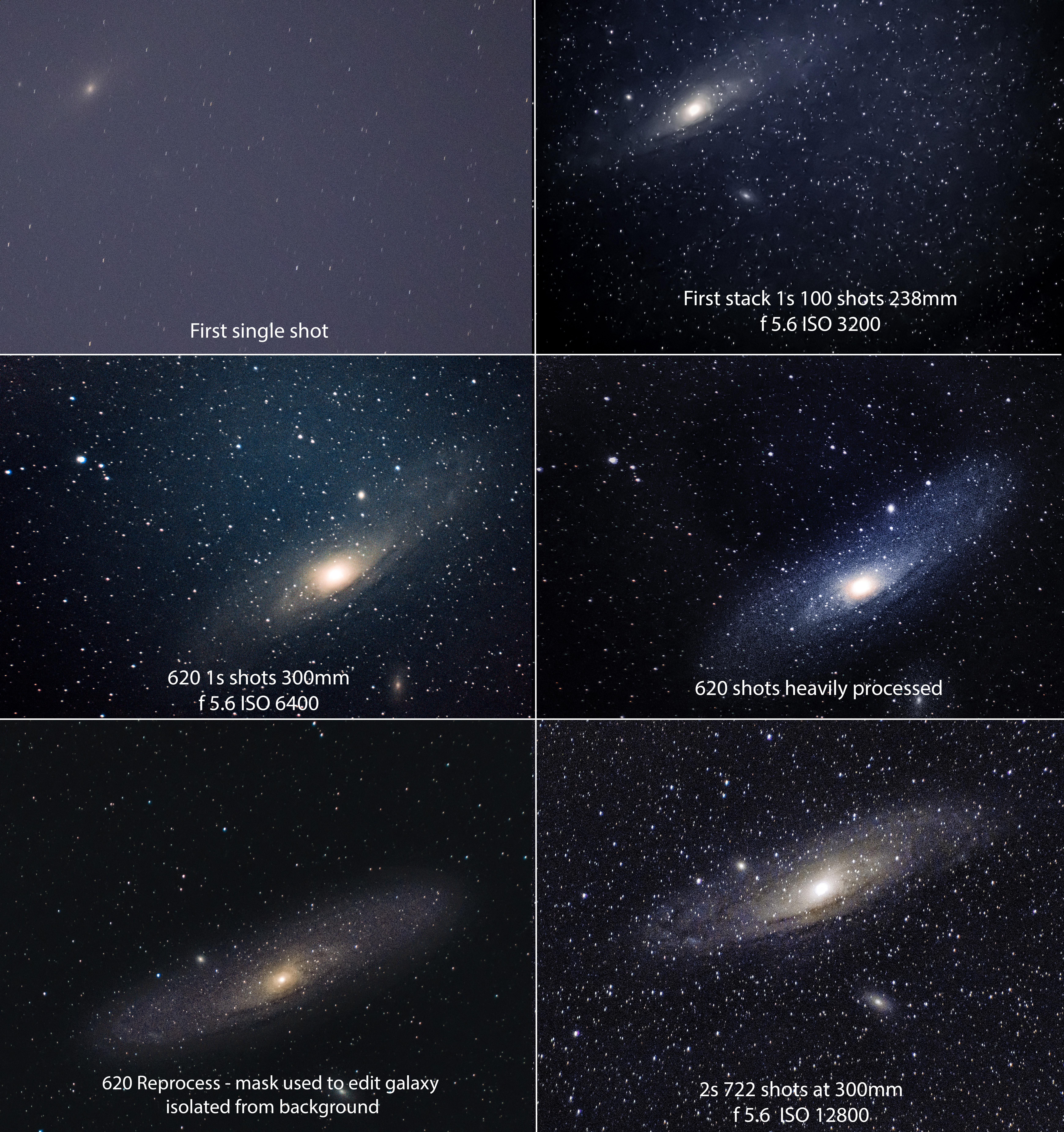 Andromeda Galaxy Untracked Shooting and Processing progress over 3
