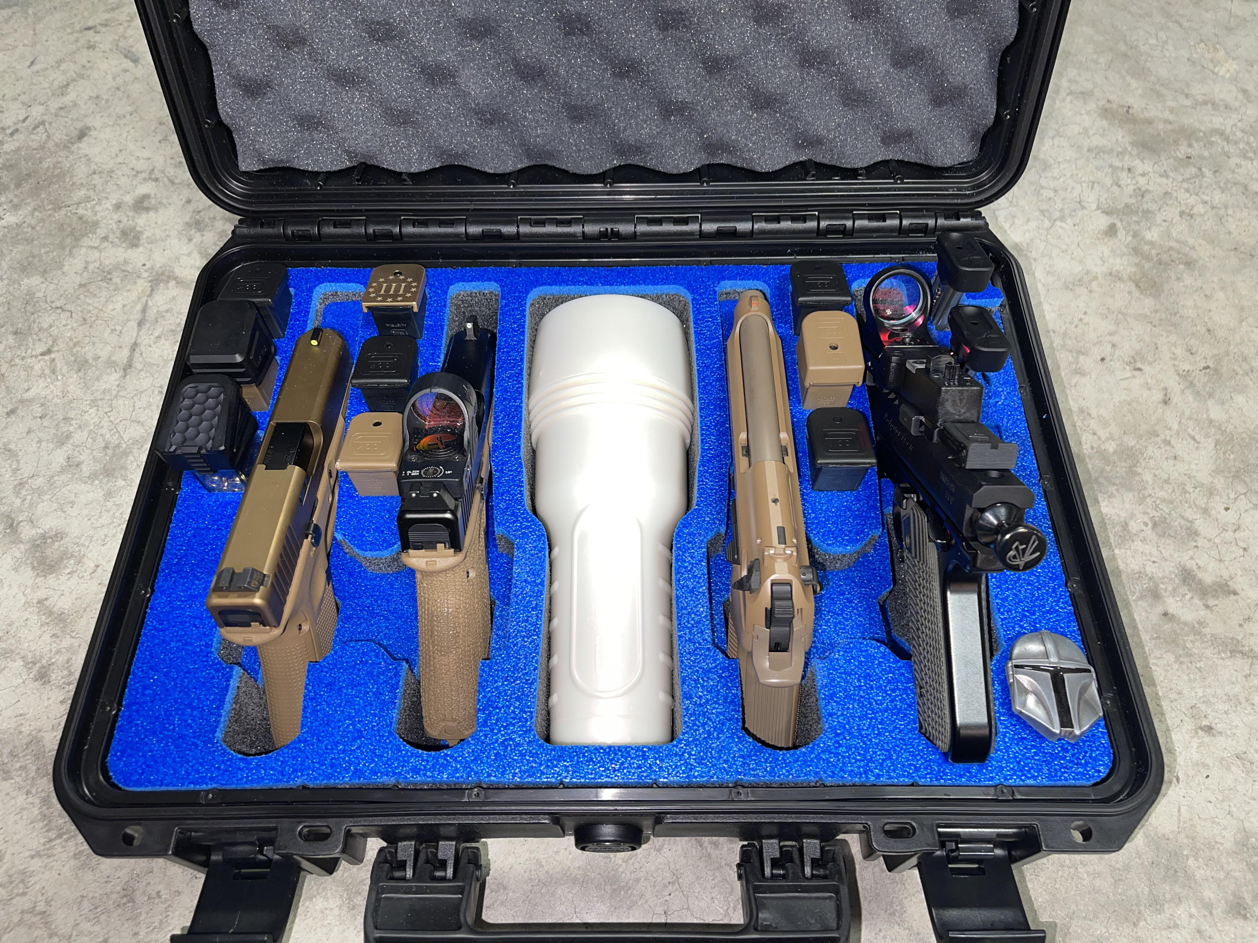 In order left to right Glock 19x, Glock 45x w/ Trijicon SRO, tactical Riley Reid, Beretta M9A3