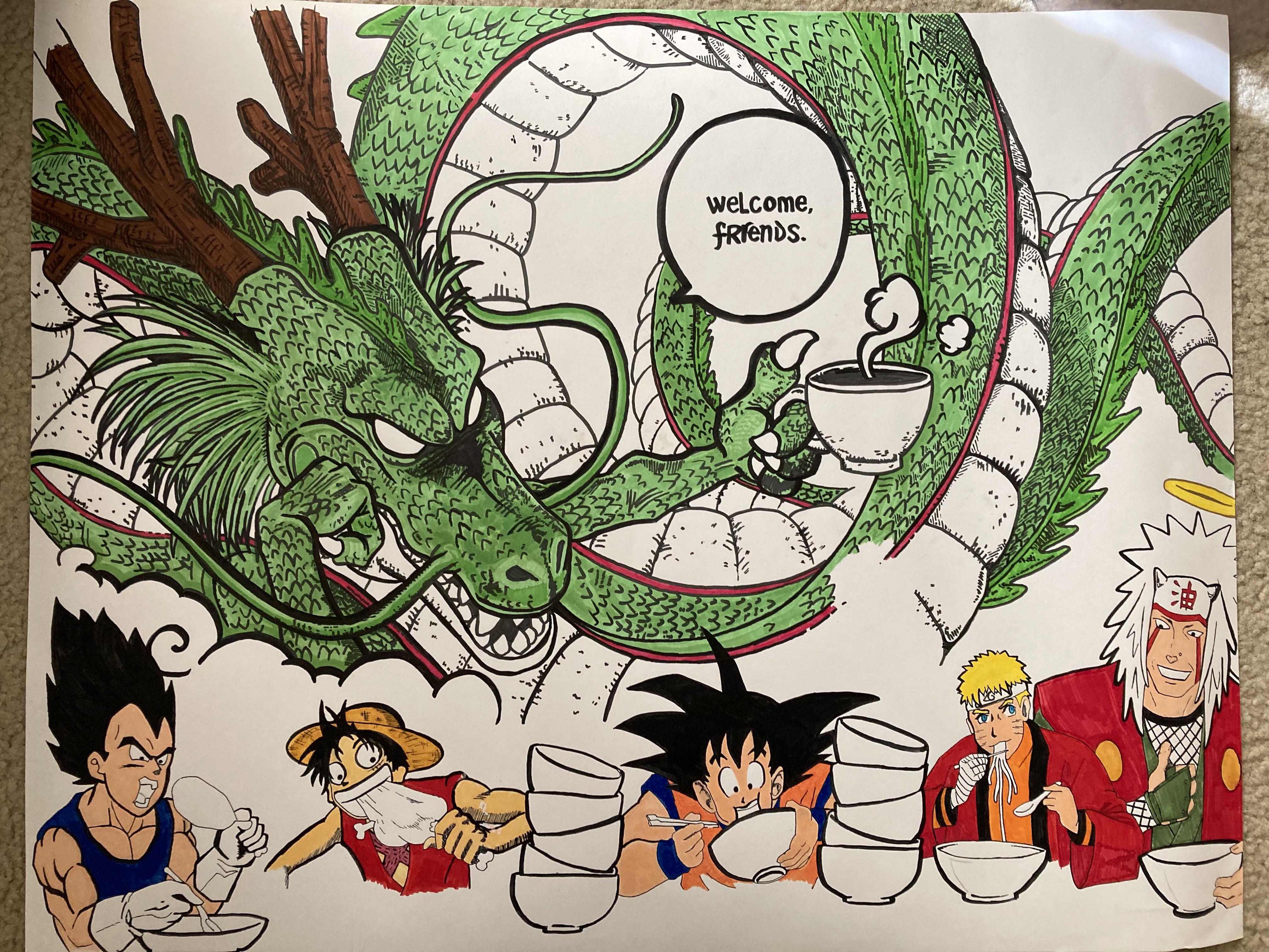 Goku, Vegeta, Naruto, Luffy, and Jiraya eating food (My brothers mashup