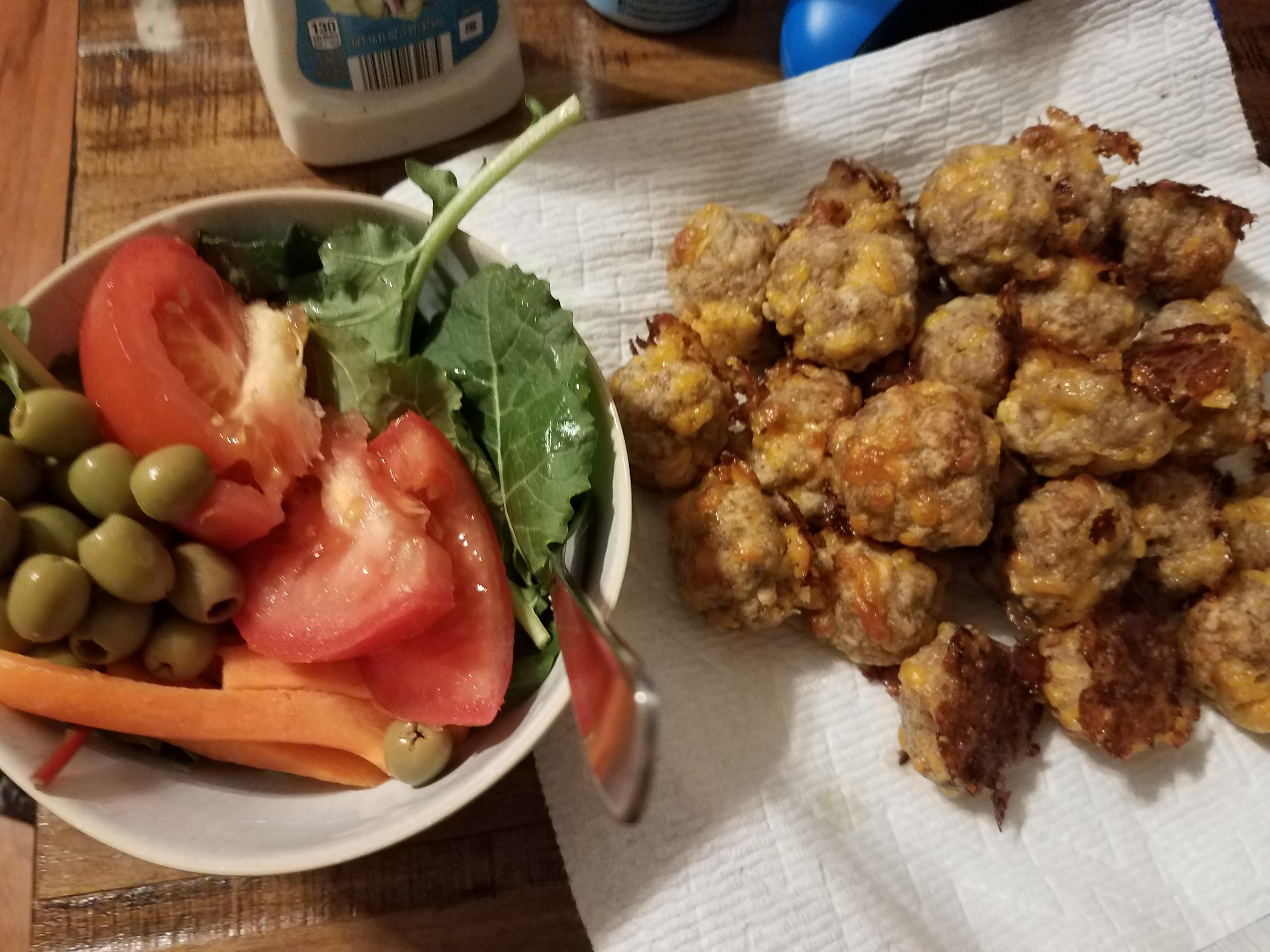 My OMAD Keto sausage balls + salad r/omad