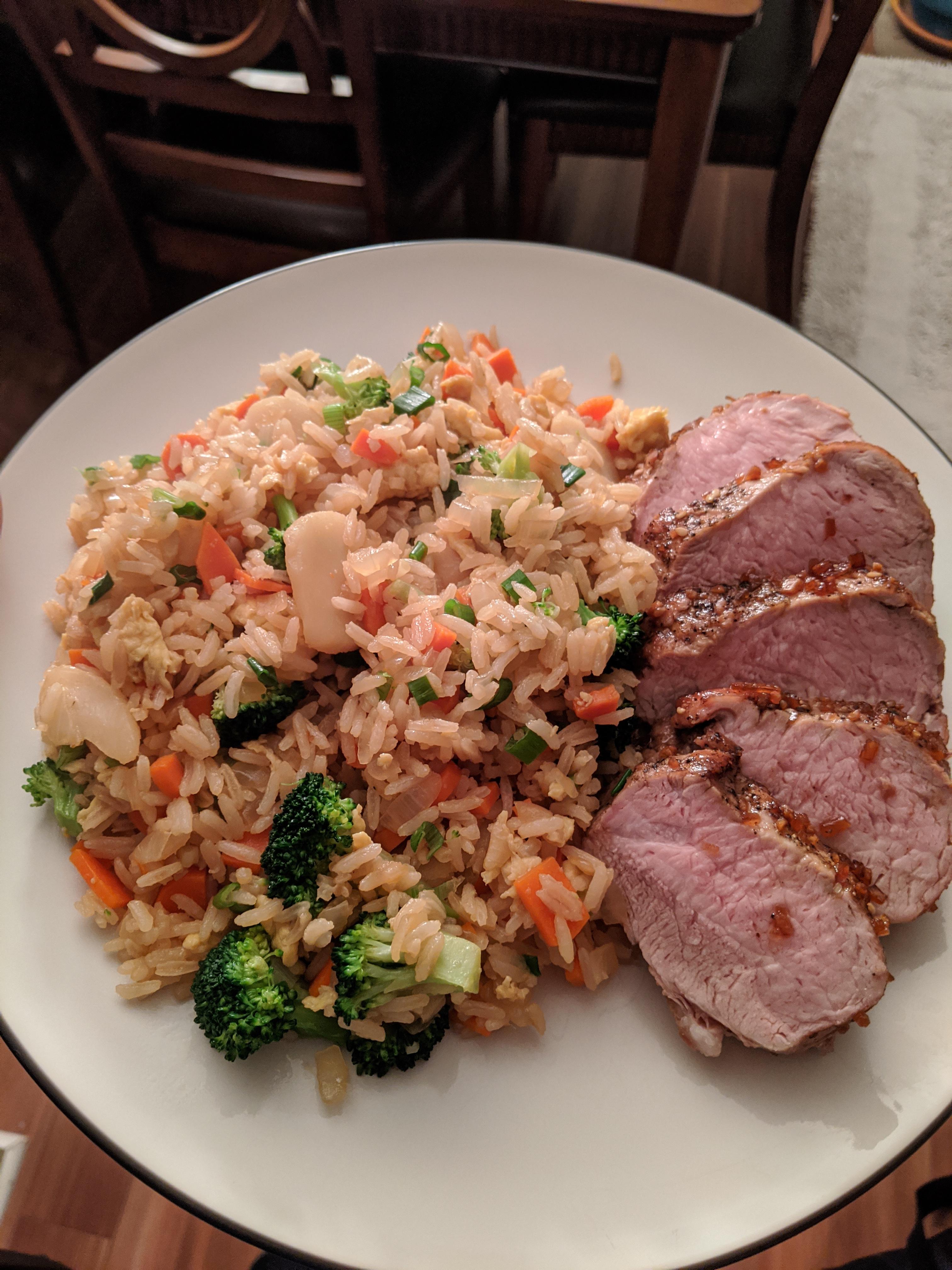 I made fried rice with teriyaki glazed pork tenderloin. r/FoodPorn