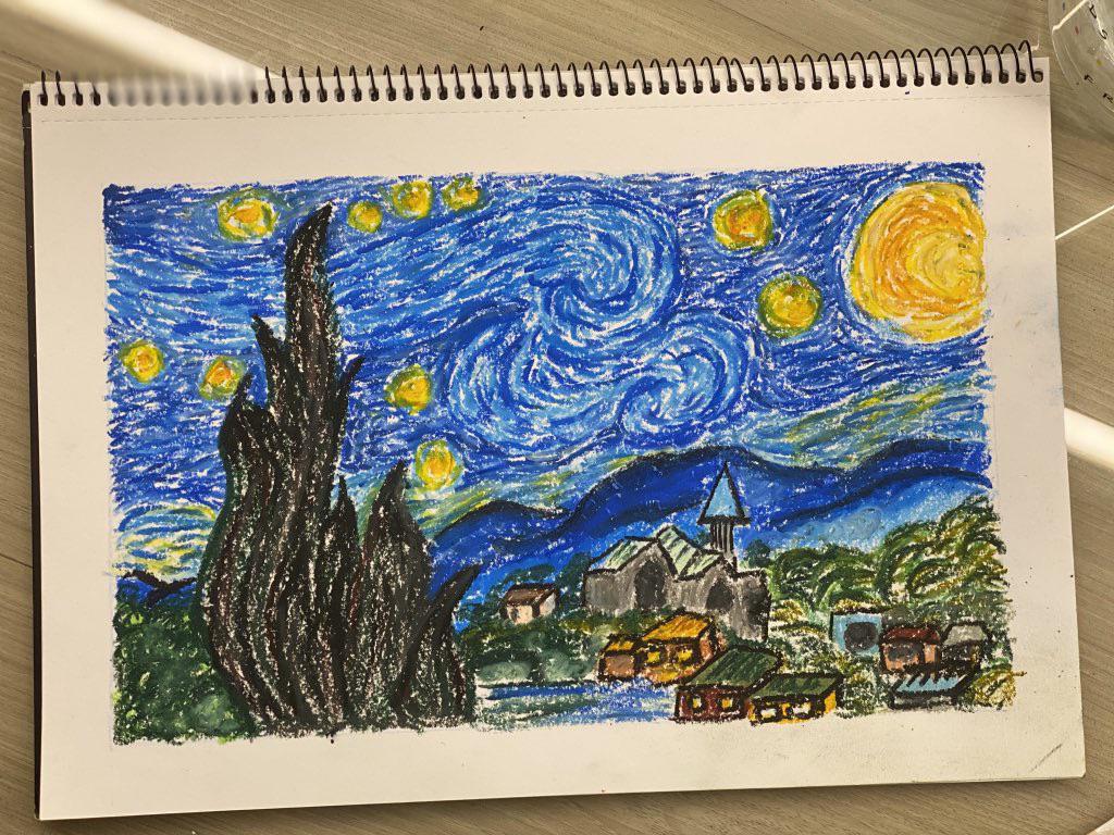Starry Night, Vincent van Gogh/ Sarah, oil pastels, 2020 r/Art