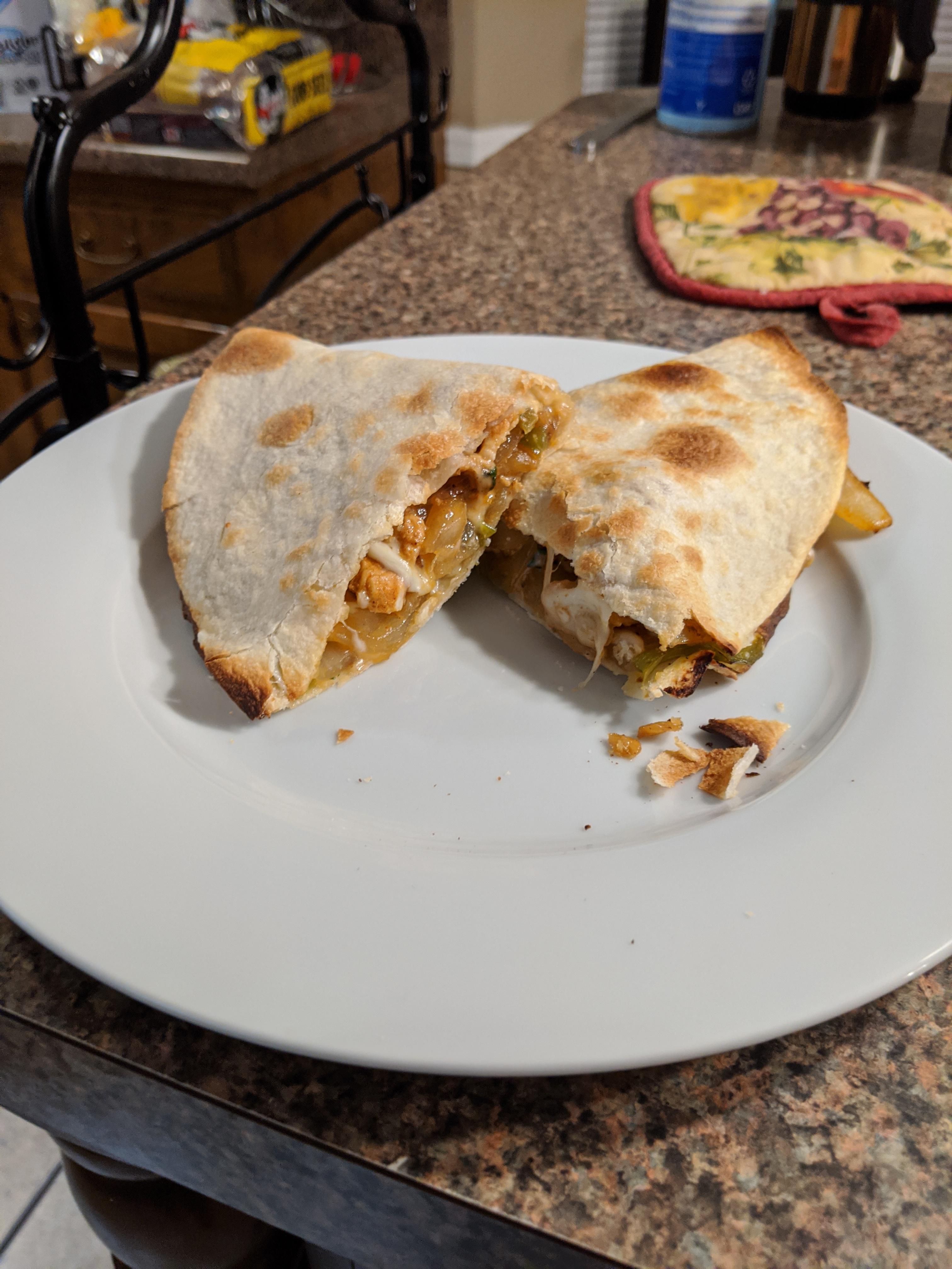 Pineapple and Chicken Quesadilla. This is before the pico and sour