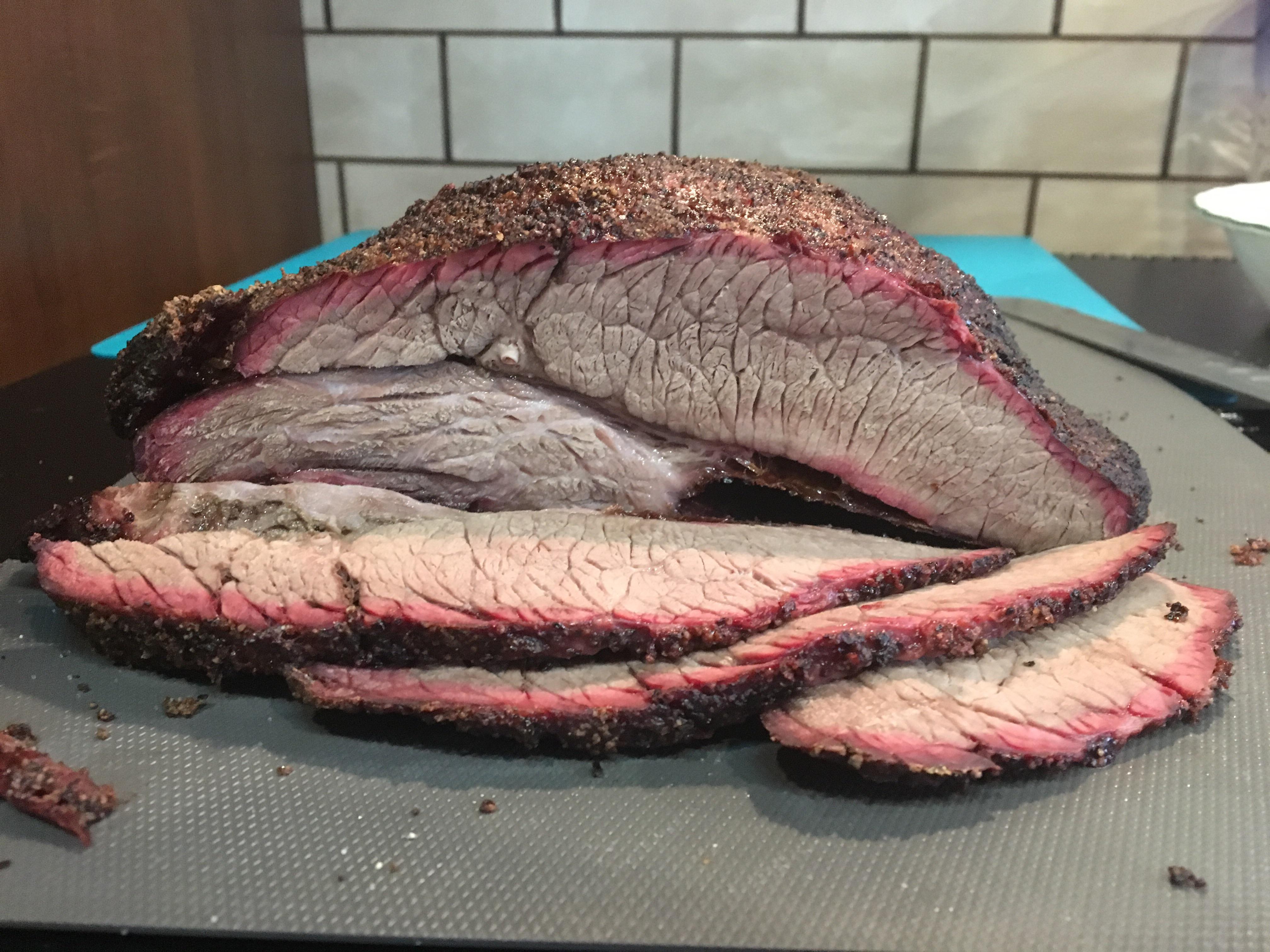A 4.75 lb Buffalo brisket cooked on the Big Green Egg using pecan and
