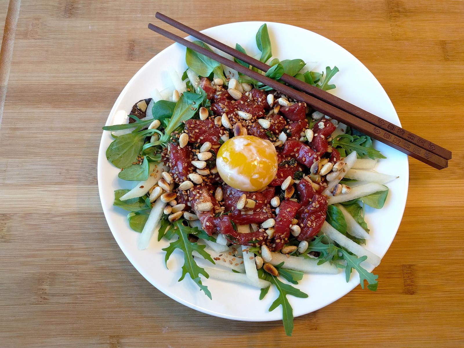 [Homemade] Yukhoe (Korean Seasoned Raw Beef) With Sous Vide Egg food