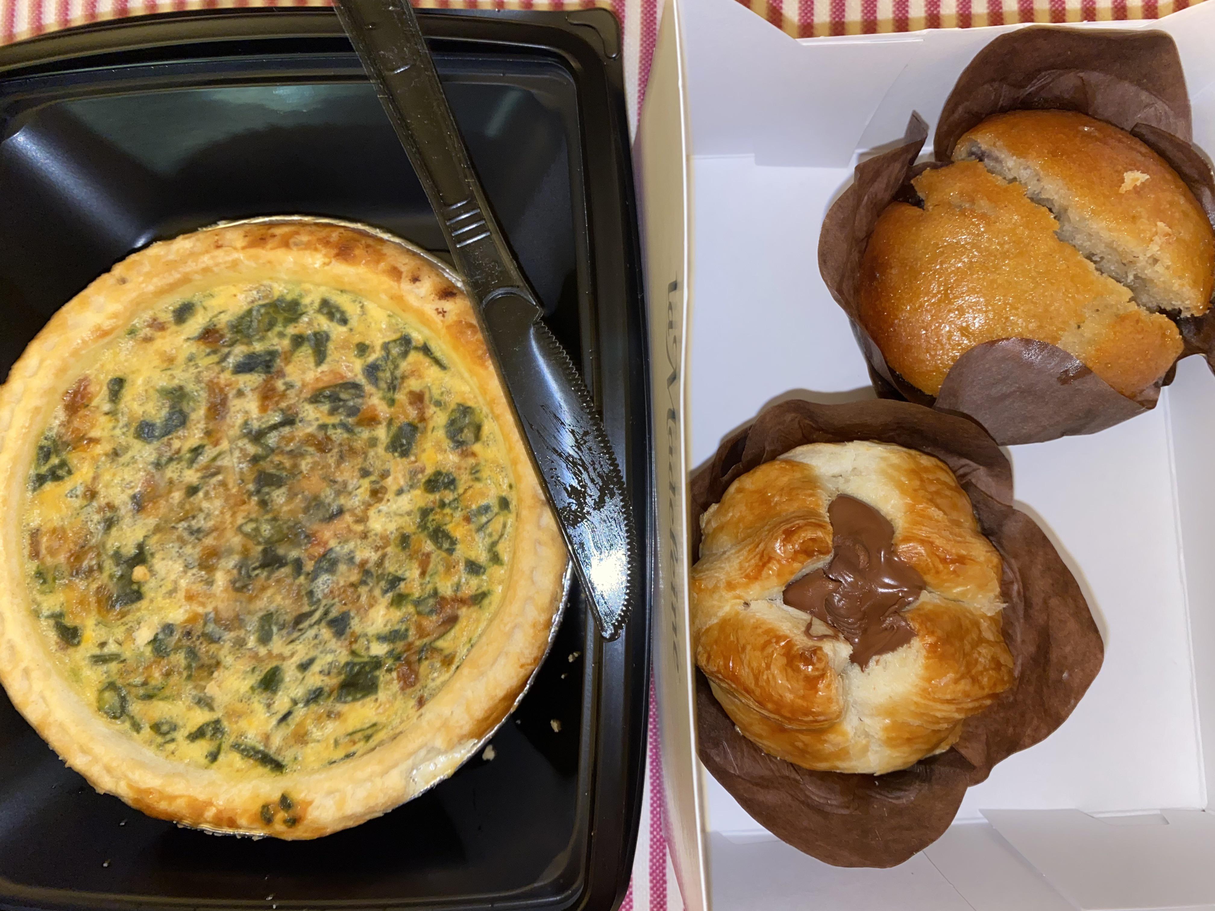 5 La Madeleine Downtown Crown. One Nutella croissant muffin, one blueberry muffin, one quiche