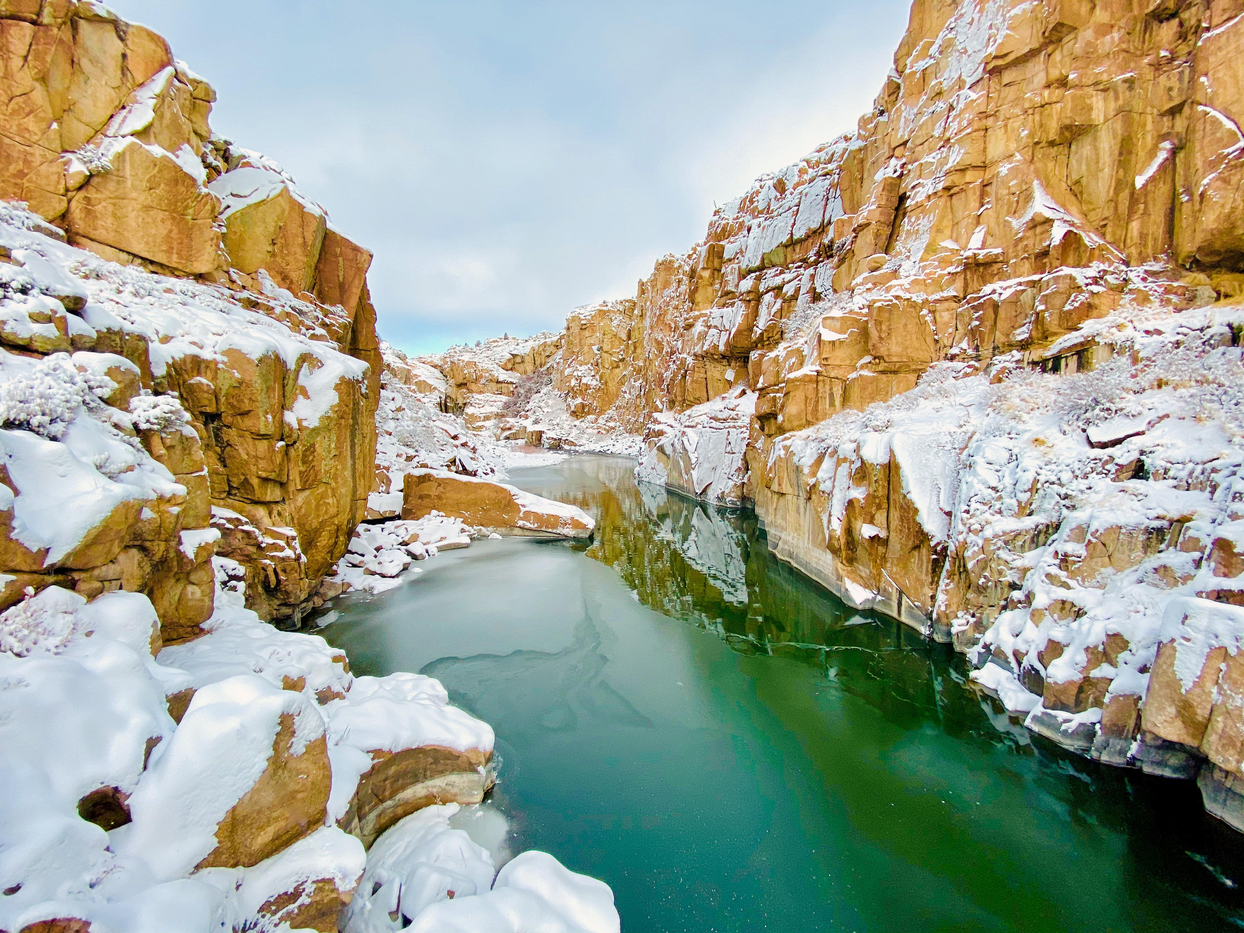 Fresh snow on the North Platte River. Fremont Canyon, Wyoming (Near