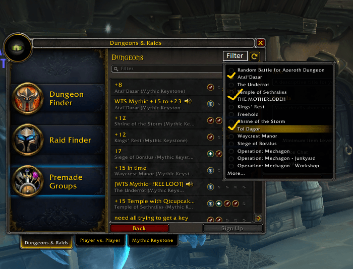 Can we get an option to filter the dungeons we see in the "Premade
