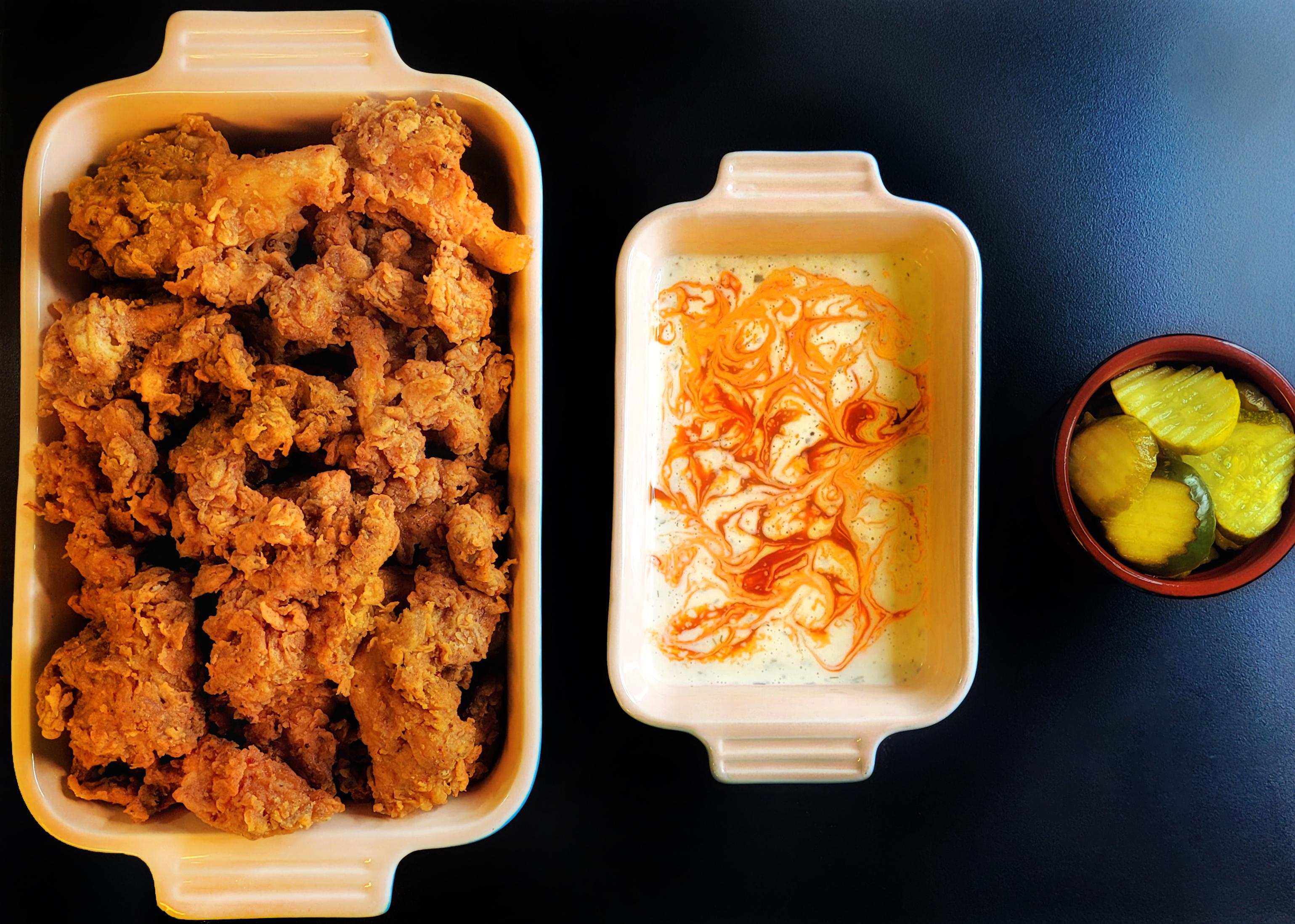 Made a batch of fried blue oyster mushrooms with ranch and pickles via