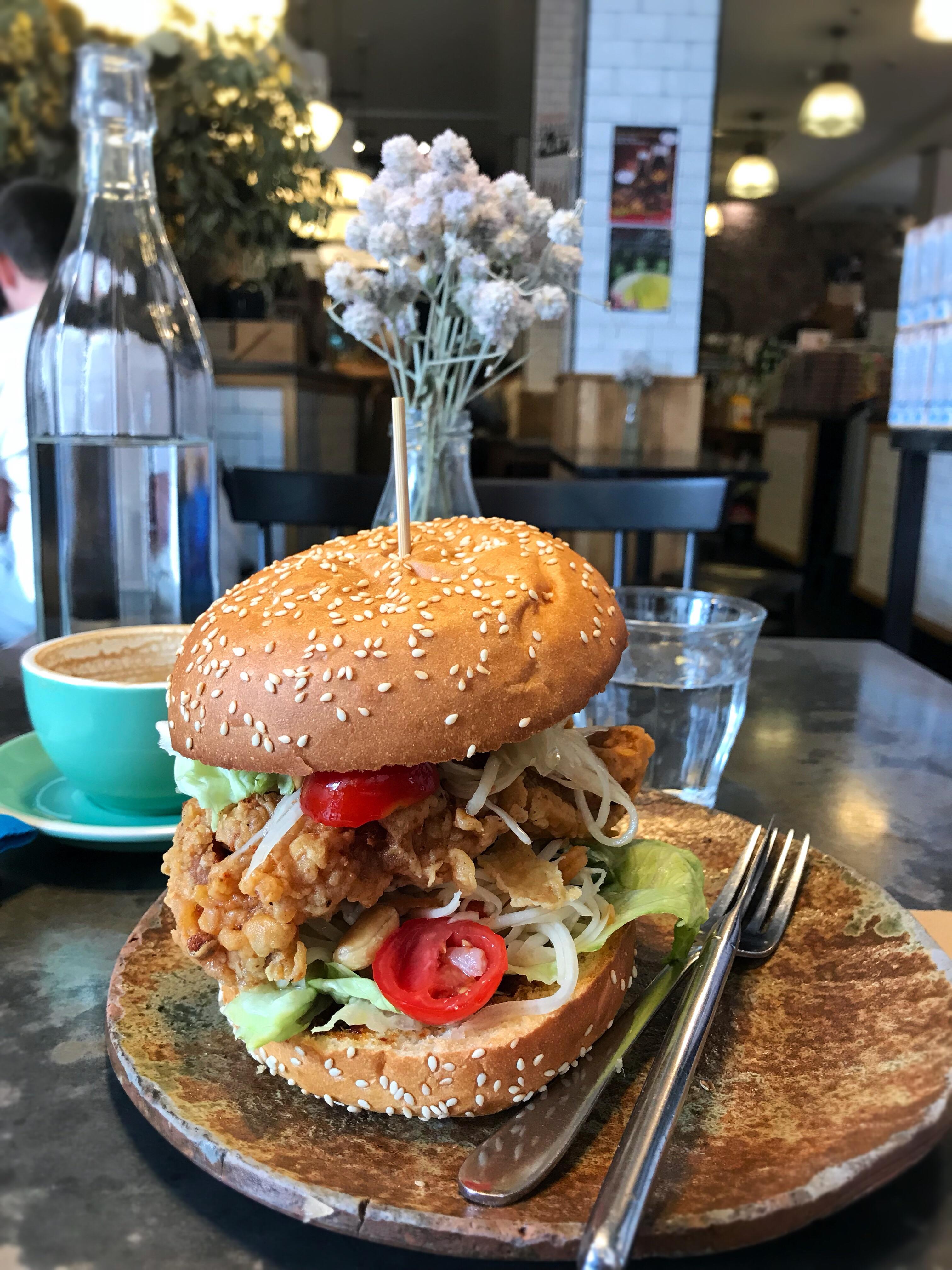 Deep fried chicken tenders and papaya salad burger! r/burgers
